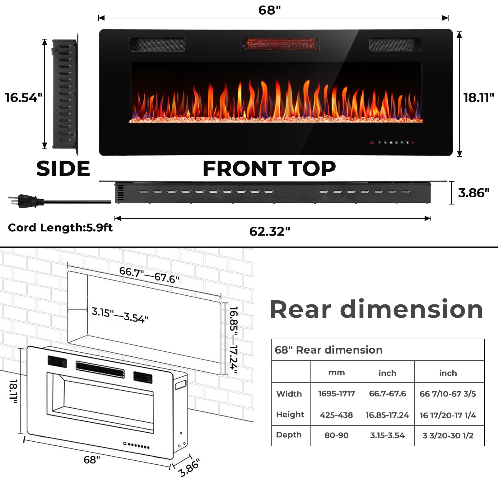R.W.FLAME 30-68 Inch Recessed and Wall Mounted Electric Fireplace with Remote Control Adjustable Flame Color and Speed, 750-1500W