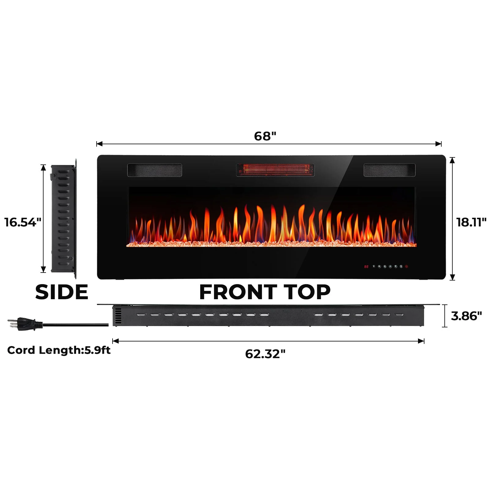 30/36/42/50/60/68 Inch Electric Fireplace Ultra-Thin Recessed Wall Mounted C3