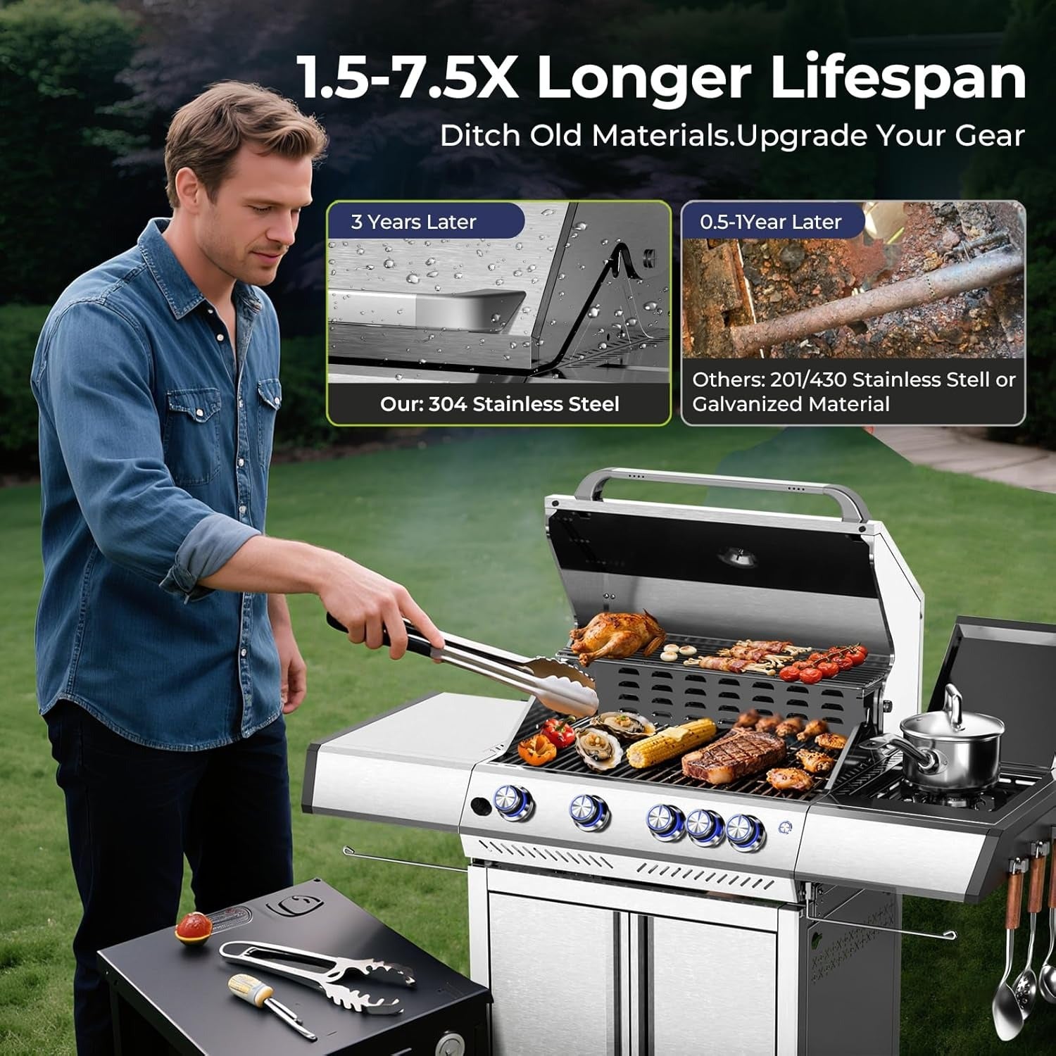R.W.FLAME Food Grade 304 Stainless Steel 4-Burner Propane Gas Grill, Last-Long BBQ Grill with Side Burner, 42000 BTU Barbecue Grill with Cooking Grids & Cooking Tray & Pizza Stone for Backyard, Patio