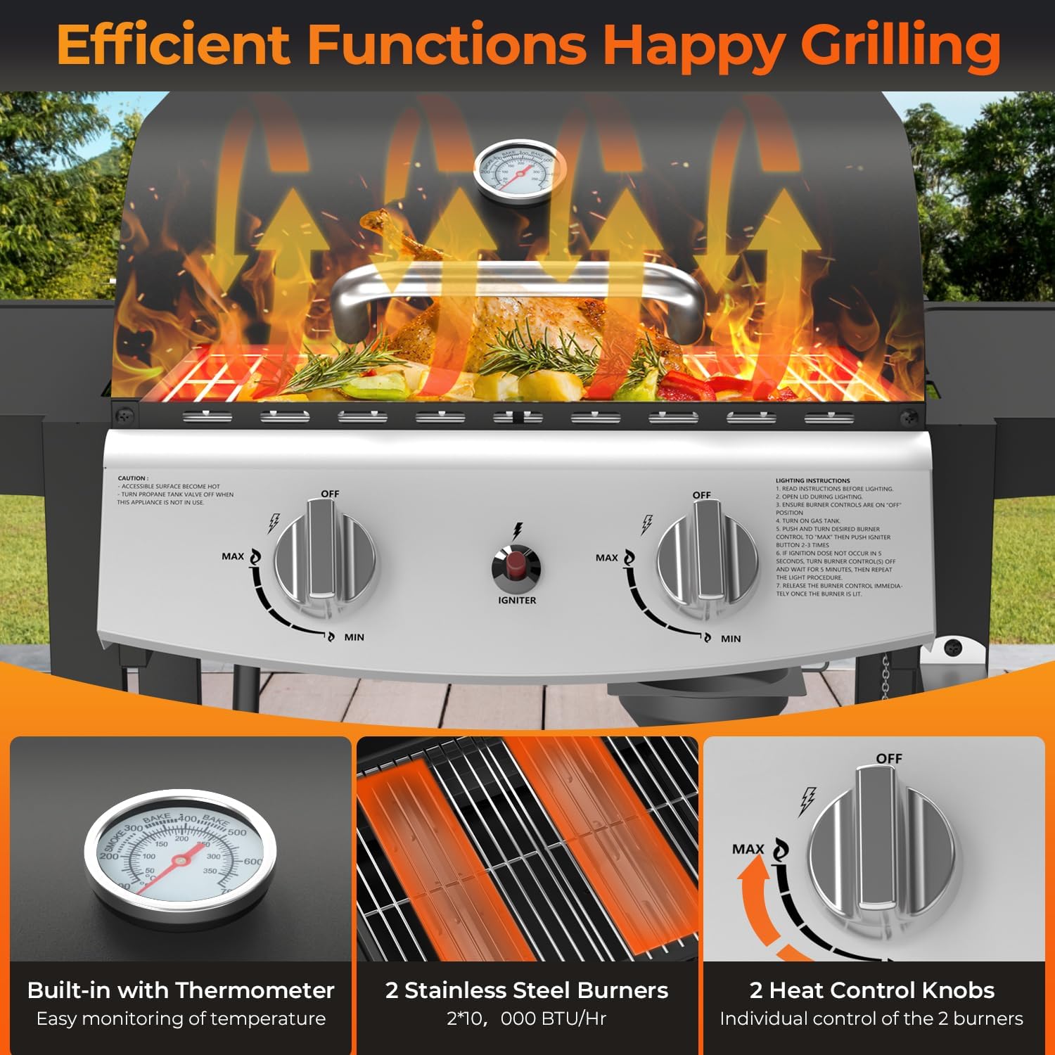 R.W.FLAME 2-Burner Propane Gas Grill, 20,000 BTU Stainless Steel BBQ Grill