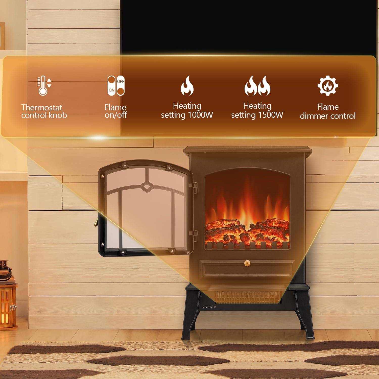 R.W.FLAME 3D Flame Electric Fireplace Stove Heater with Thermostat