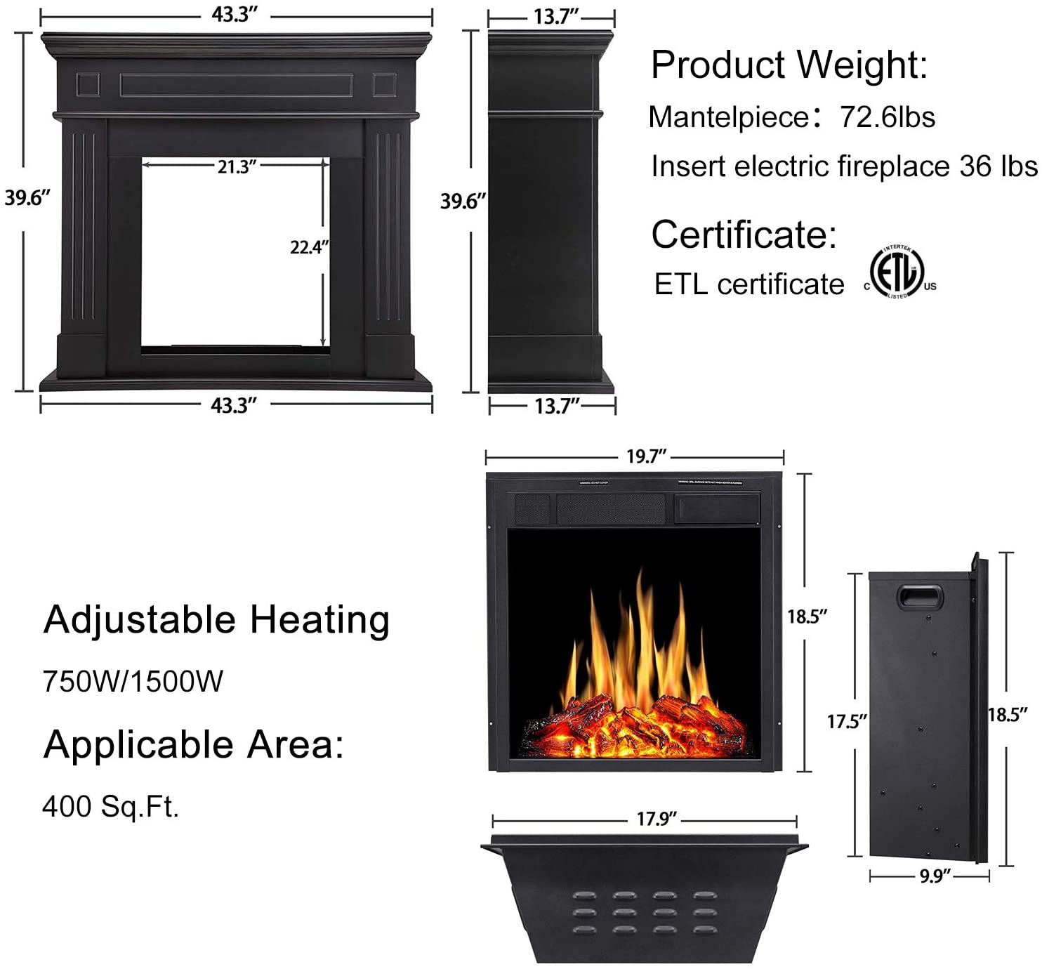 R.W.FLAME 43"Electric Fireplace Mantel Wooden Surround Firebox,750W/1500W R.W.FLAME