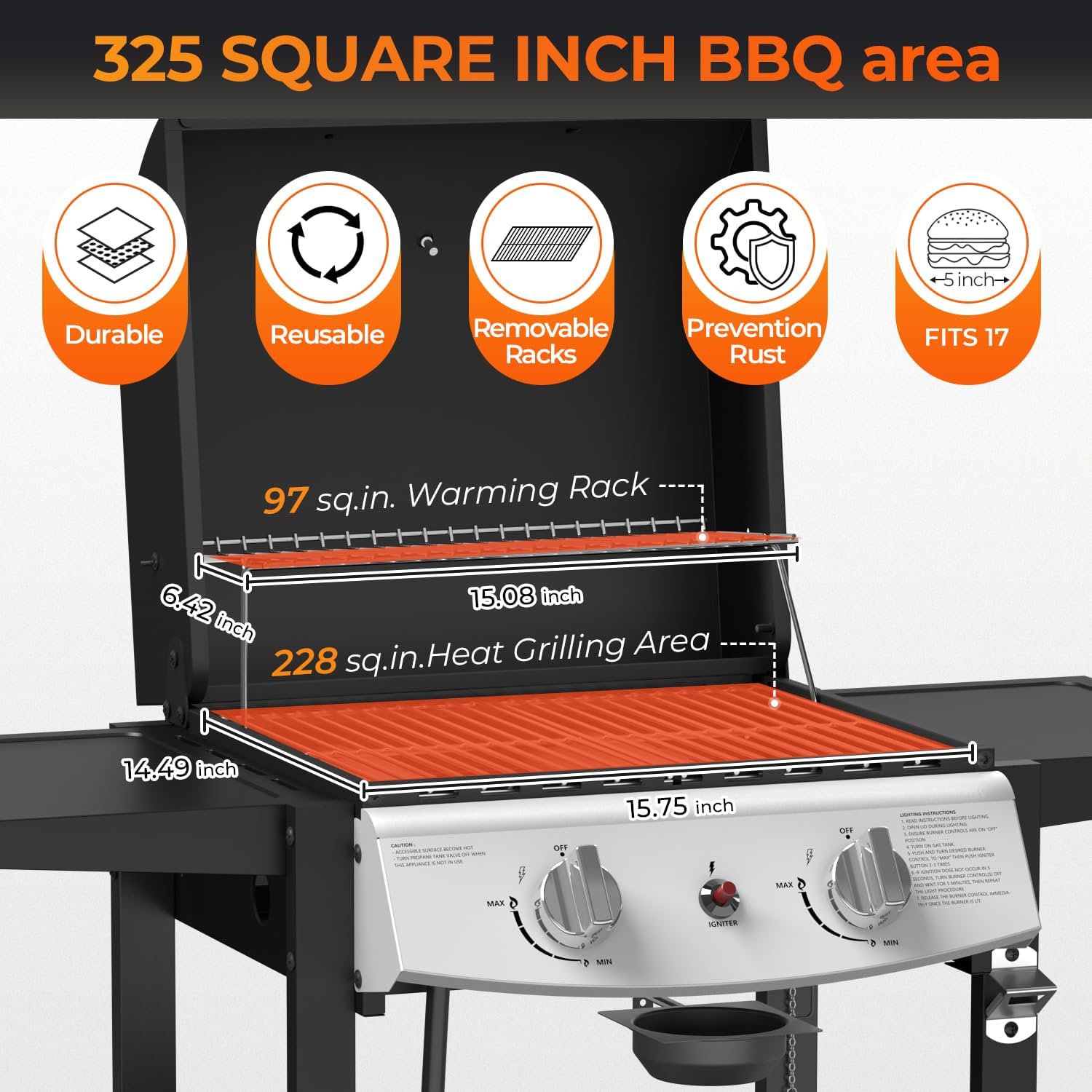 R.W.FLAME 2-Burner Propane Gas Grill, 20,000 BTU Stainless Steel BBQ Grill