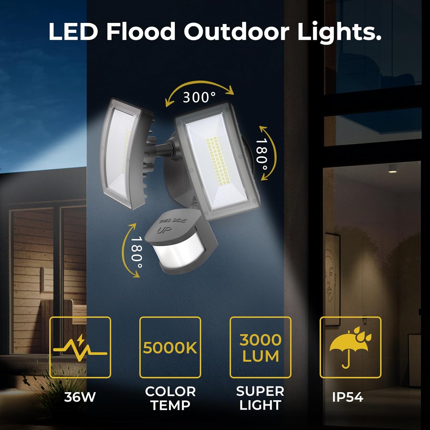 R.W.FLAME 36W LED Flood Motion Sensor Outdoor Light, 3000LM, 5000K, IP54 Waterproof, 5 Modes, 4 Durations, 3 Detection Distances - Black