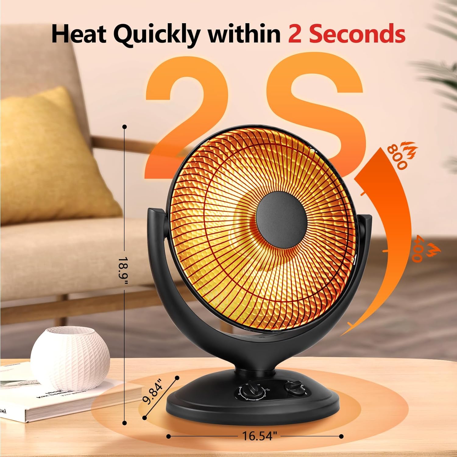 R.W.FLAME 800W/400W Radiant Space Heater - Thermostat, Timer, Safety Features, Quiet for Home & Office