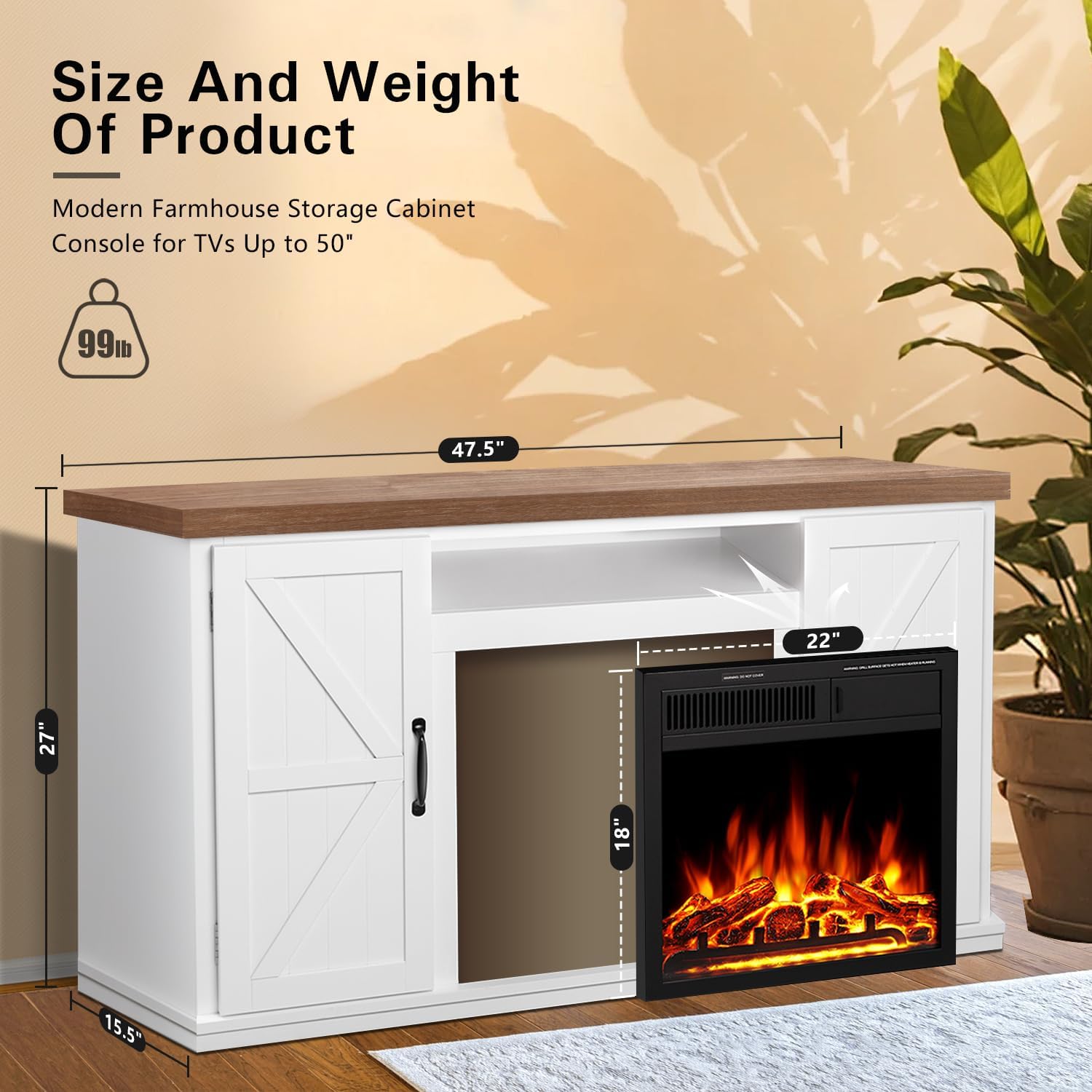 R.W.FLAME 50 Fireplace TV Stand with 20 Electric Fireplace Walnut