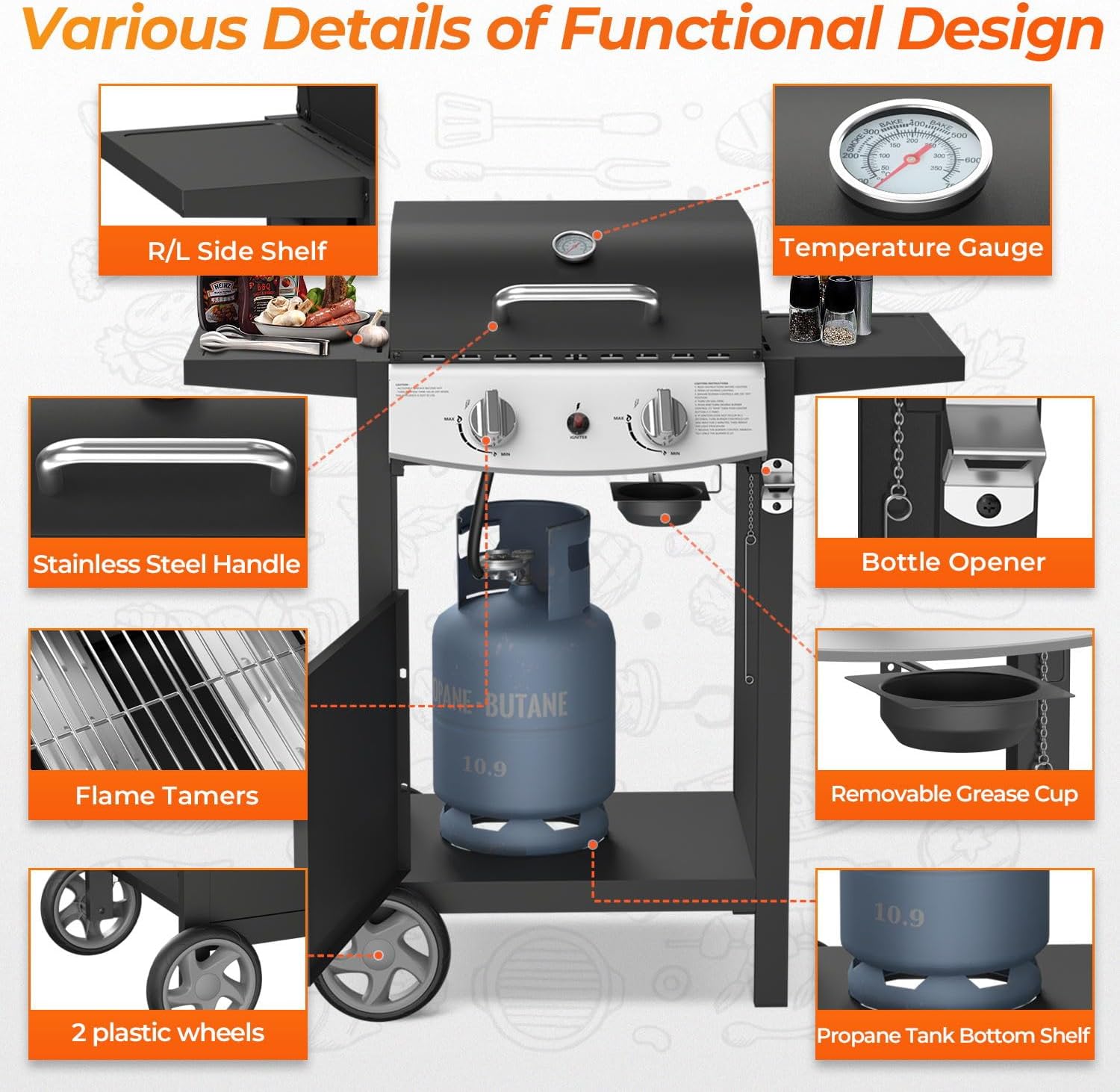 R.W.FLAME 2-Burner Propane Gas Grill, 20,000 BTU Stainless Steel BBQ Grill