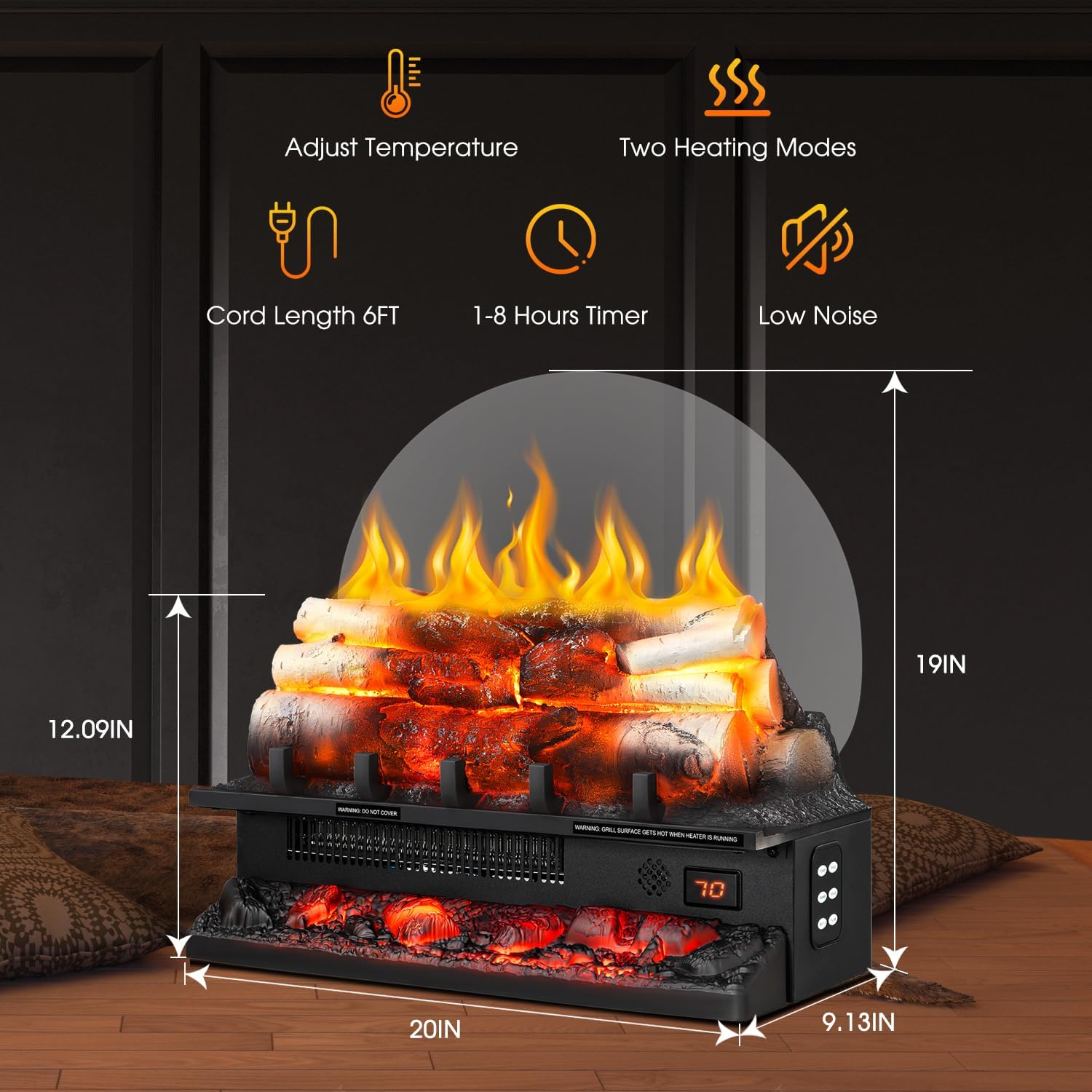 EchoGlow Birch Luxe – 20" Log Set with Sound_R.W.FLAME Electric Fireplace Log Heater,20" Fireplace Log Set with Crackling Sound
