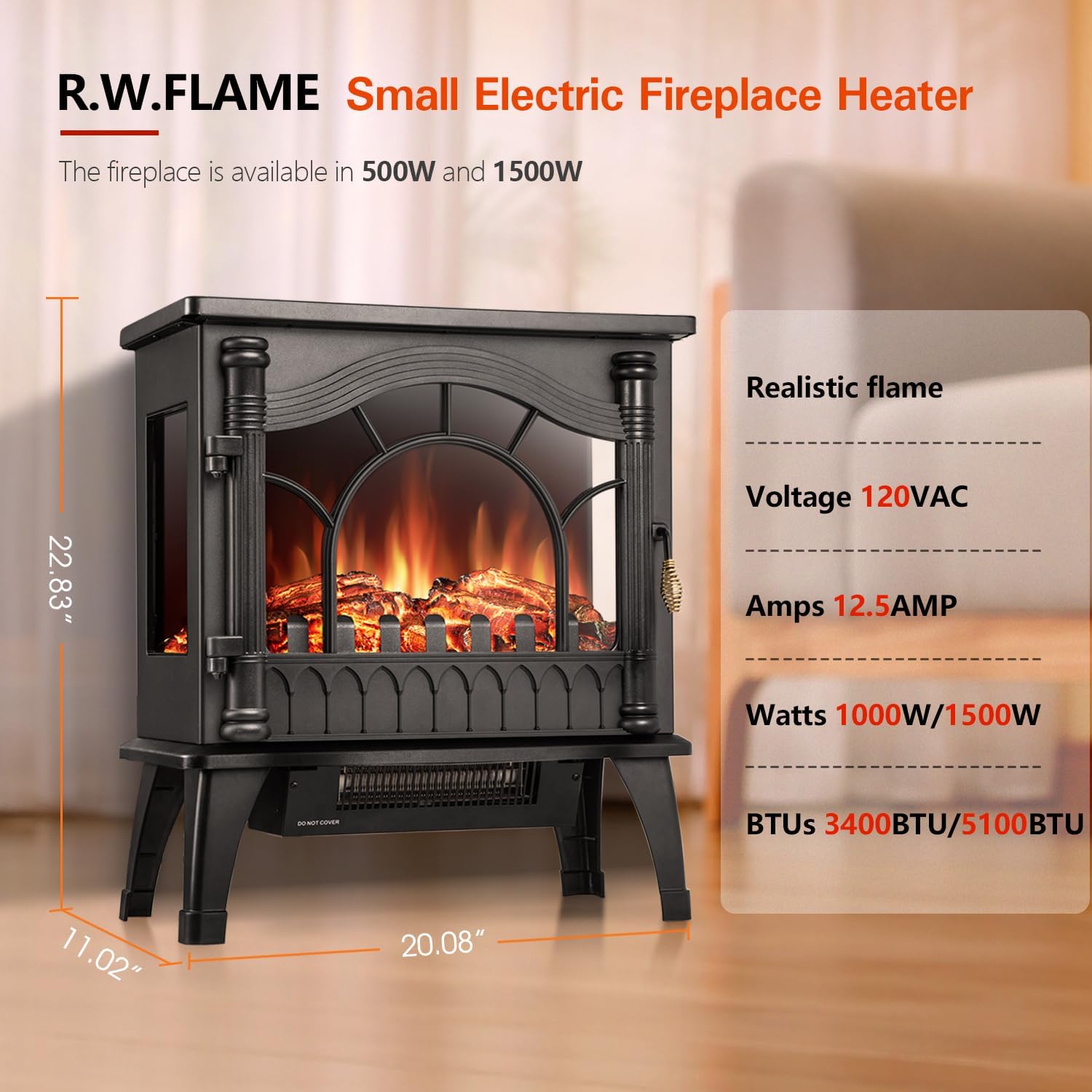 R.W.FLAME 3D Flame Electric Fireplace Stove Heater with Thermostat