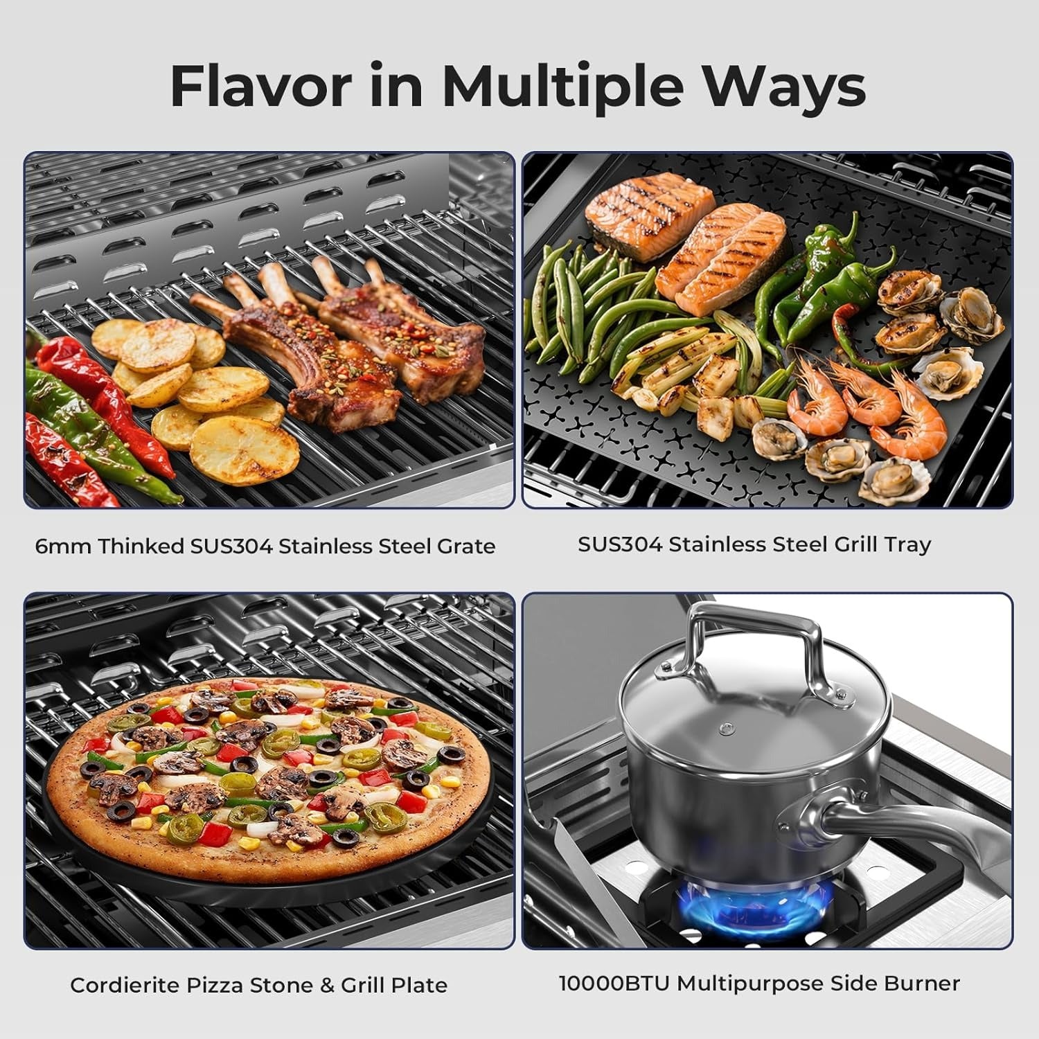 R.W.FLAME Food Grade 304 Stainless Steel 4-Burner Propane Gas Grill, Last-Long BBQ Grill with Side Burner, 42000 BTU Barbecue Grill with Cooking Grids & Cooking Tray & Pizza Stone for Backyard, Patio