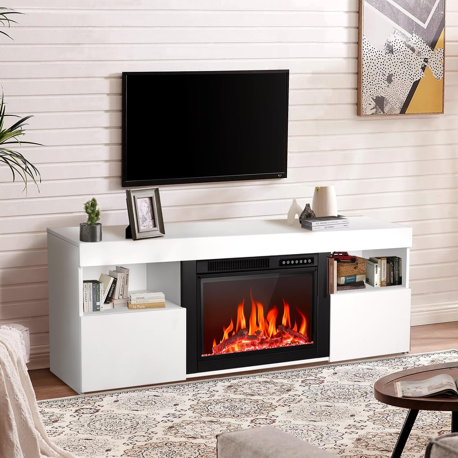 R.W.FLAME 59" Electric Fireplace Mantel TV Stand with Remote, Adjustable Flame, Timer, 750W-1500W R.W.FLAME