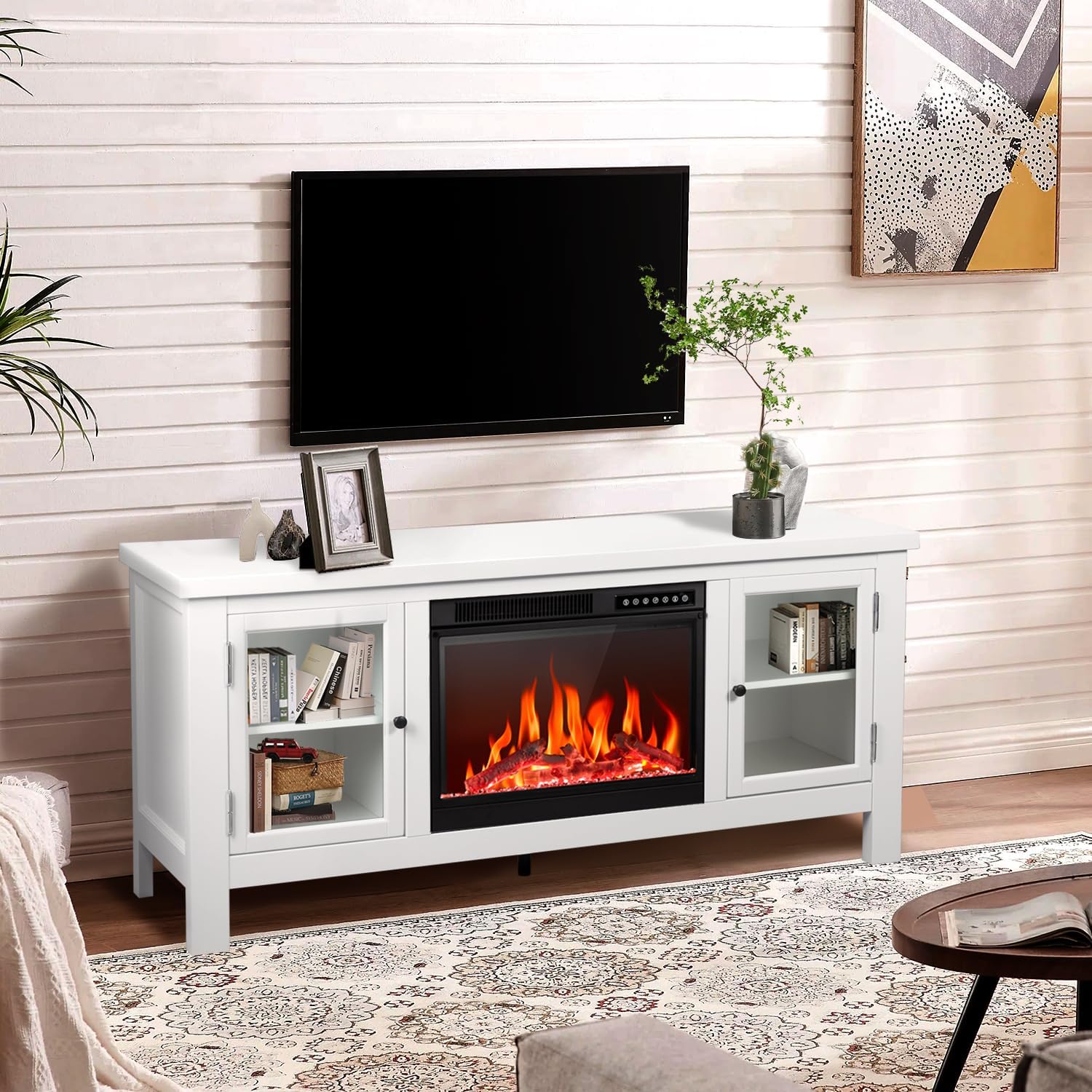 R.W.FLAME Modern Fireplace TV Stand with 23" Electric Fireplace and Storage Cabinets