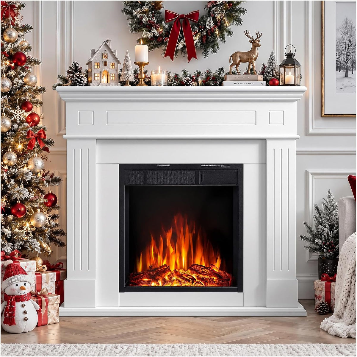 R.W.FLAME 43"Electric Fireplace Mantel Wooden Surround Firebox,750W/1500W