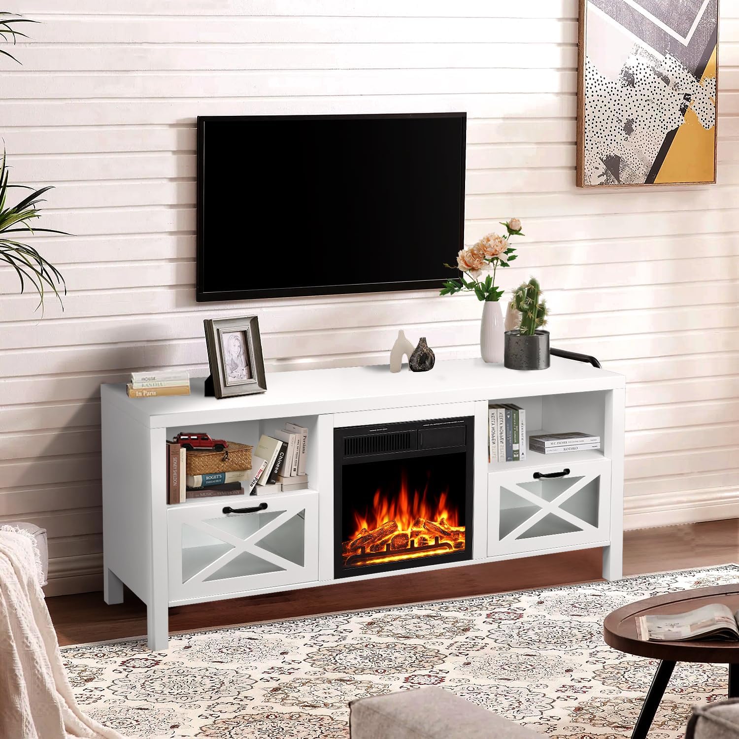 R.W.FLAME 65" Fireplace TV Stand with 20" Electric Fireplace, White R.W.FLAME