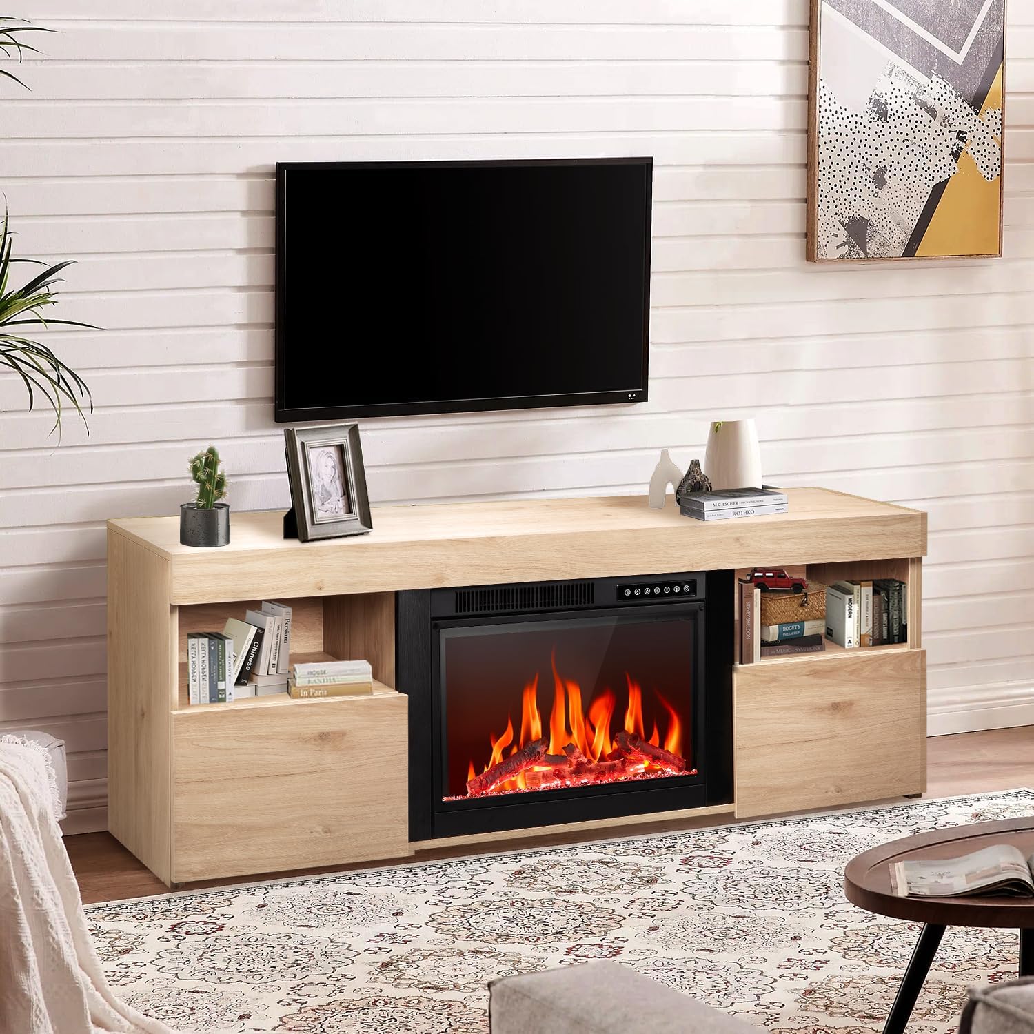 R.W.FLAME 59" Electric Fireplace Mantel TV Stand with Remote, Adjustable Flame, Timer, 750W-1500W R.W.FLAME