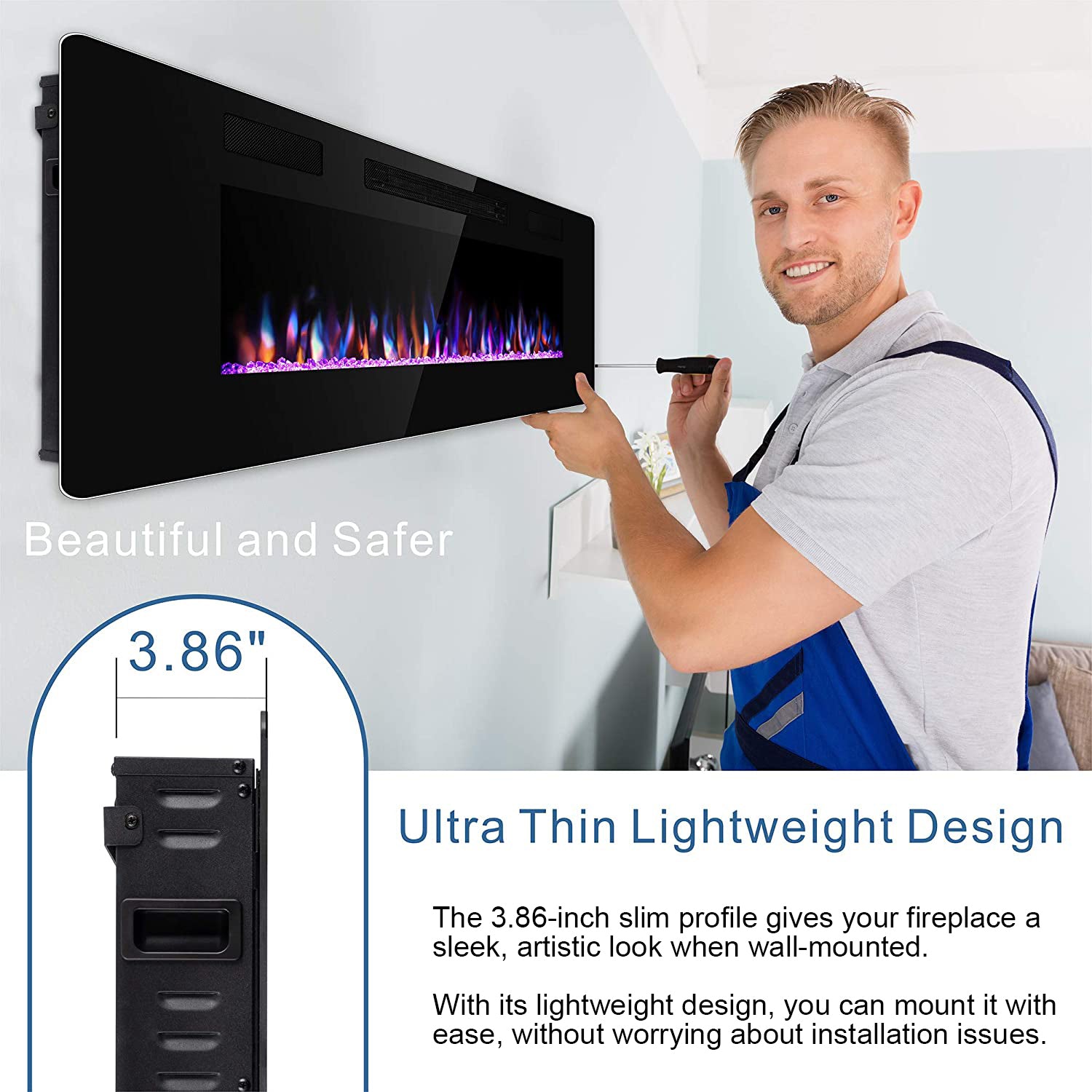 R.W.FLAME Recessed Wall Mounted Electric Fireplace, 750 - 1500W