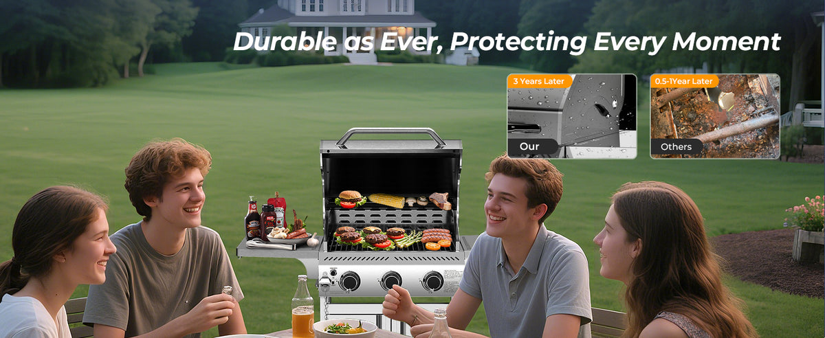 R.W.FLAME 3-Burner 24,000 BTU Stainless Steel Gas Grill with Folding Side Tables for Barbecue Camping