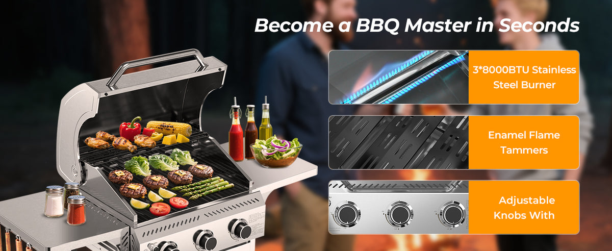 R.W.FLAME 3-Burner 24,000 BTU Stainless Steel Gas Grill with Folding Side Tables for Barbecue Camping