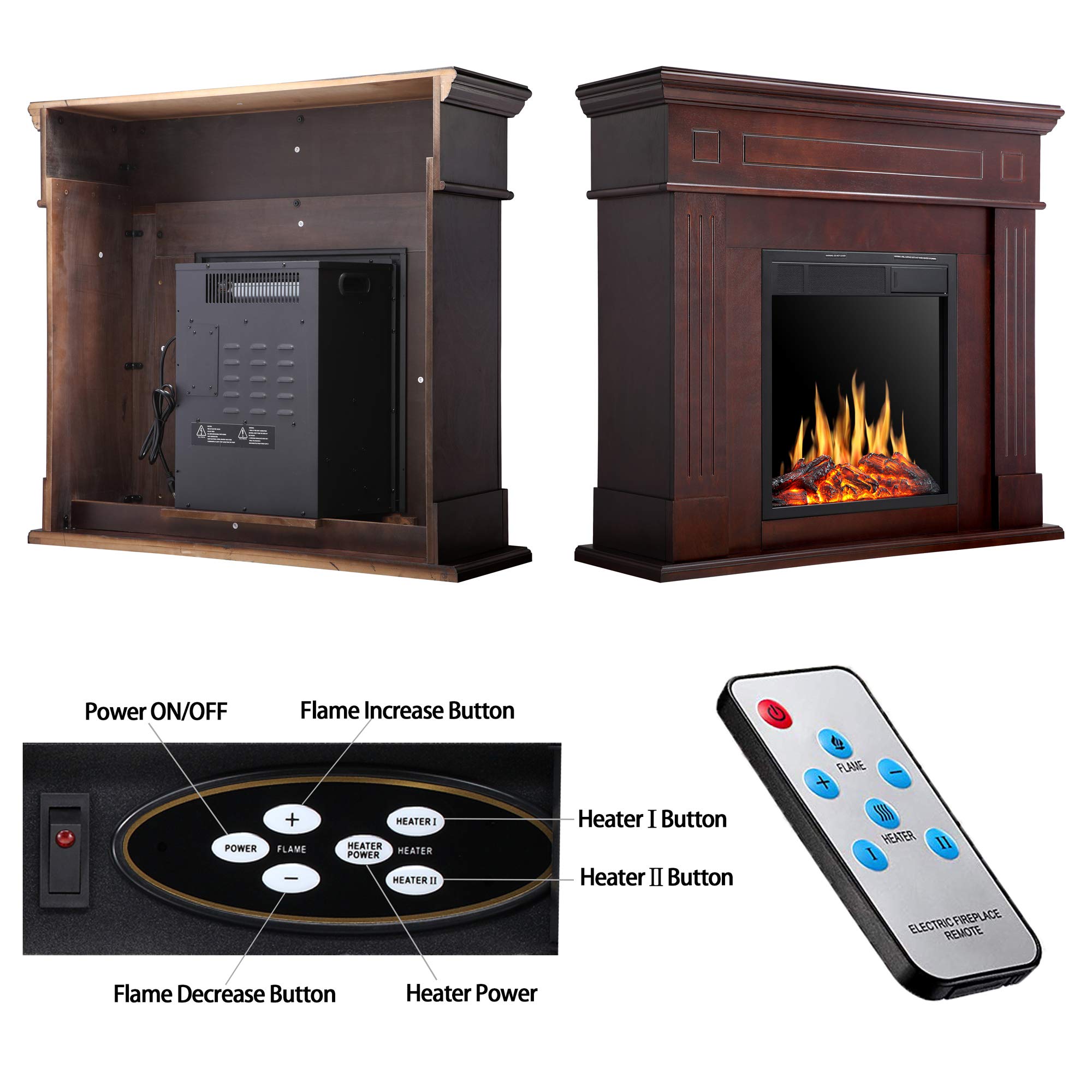 R.W.FLAME 43"Electric Fireplace Mantel Wooden Surround Firebox,750W/1500W