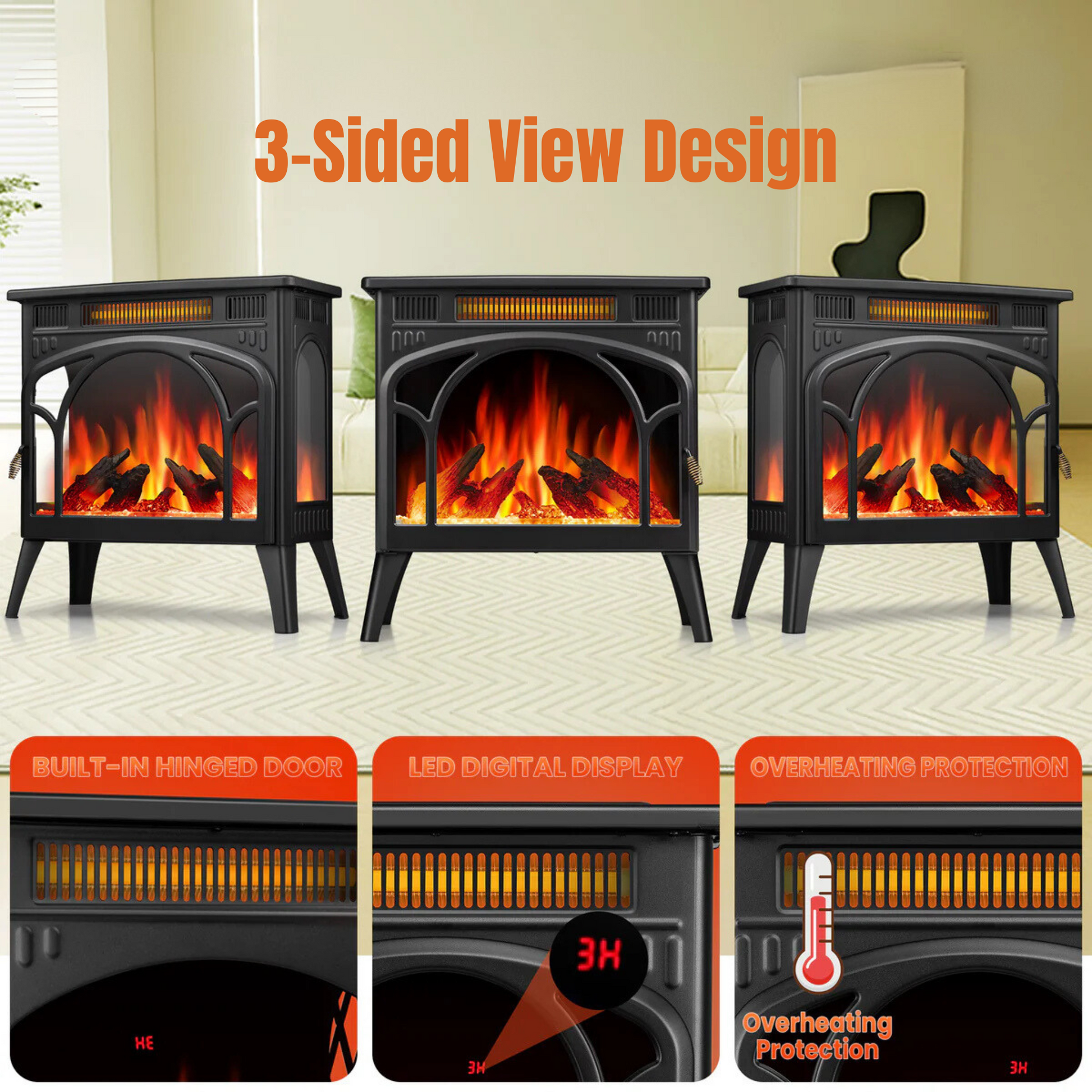 R.W.FLAME Electric Fireplace Heater 25" with 3D Realistic Flame Effect, Freestanding Fireplace, Different Flame Color, 500W/1500W,- Black R.W.FLAME
