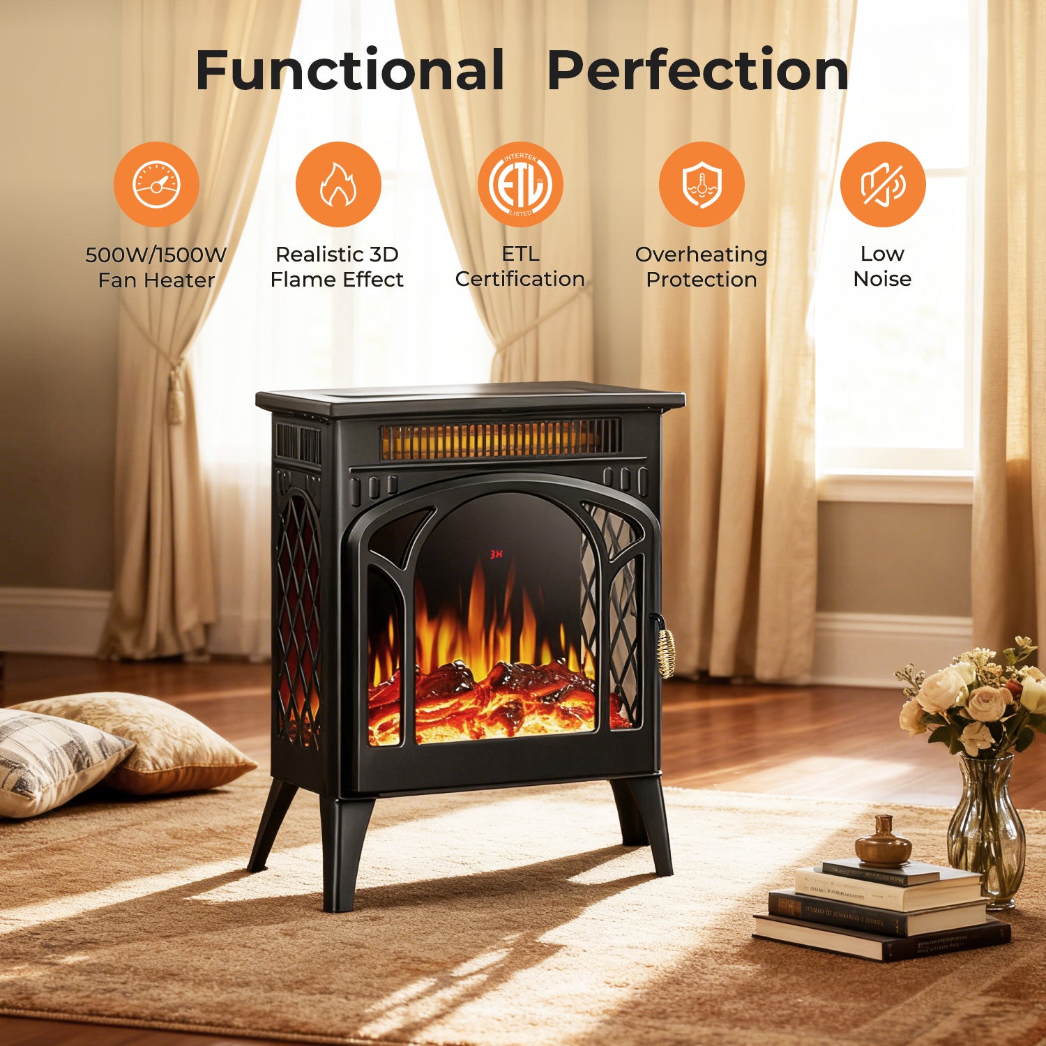 R.W.FLAME 17 Inch Electric Fireplace Heater with Adjustable Brightness and Heating Mode Log Set Colors