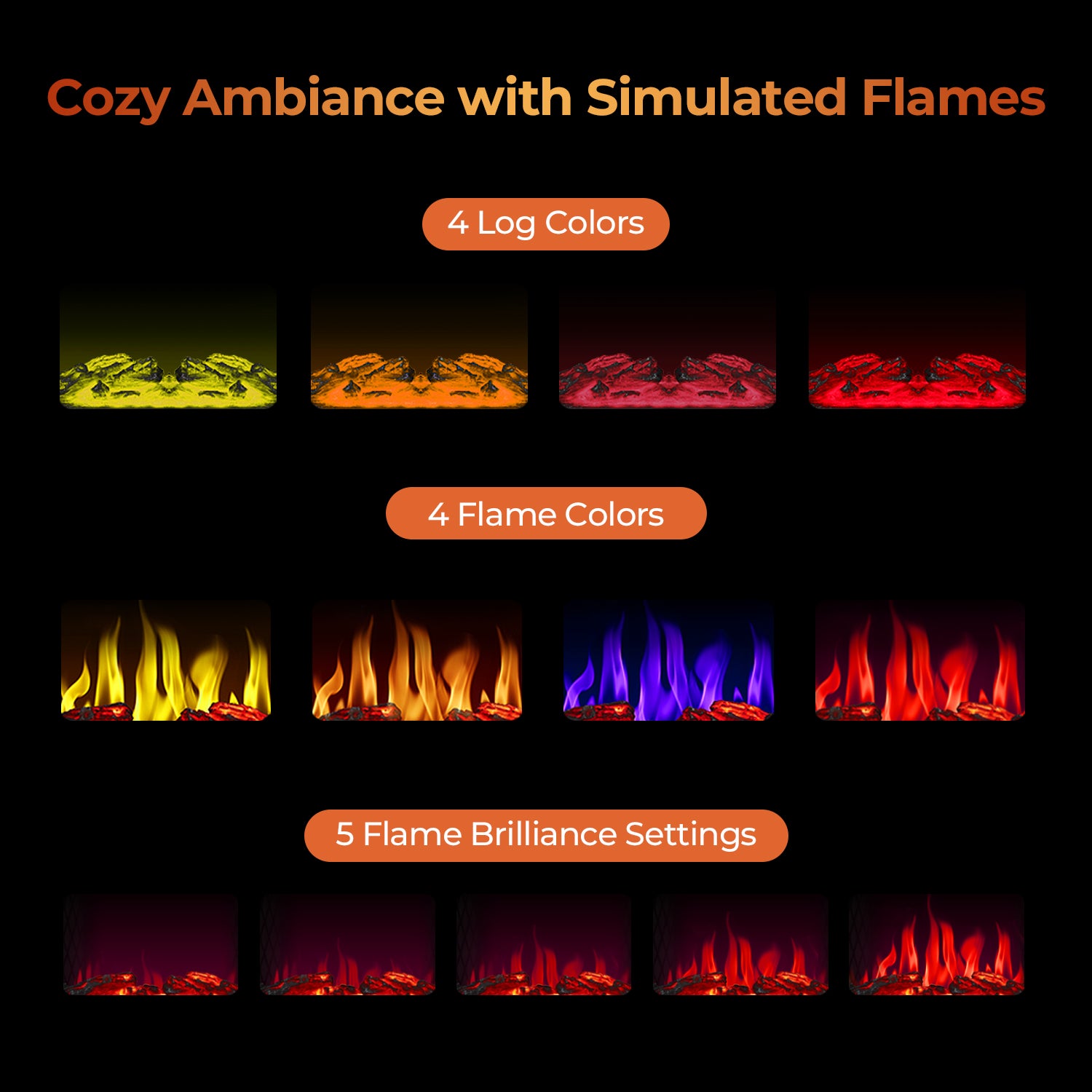 R.W.FLAME 17 Inch Electric Fireplace Heater with Adjustable Brightness and Heating Mode Log Set Colors