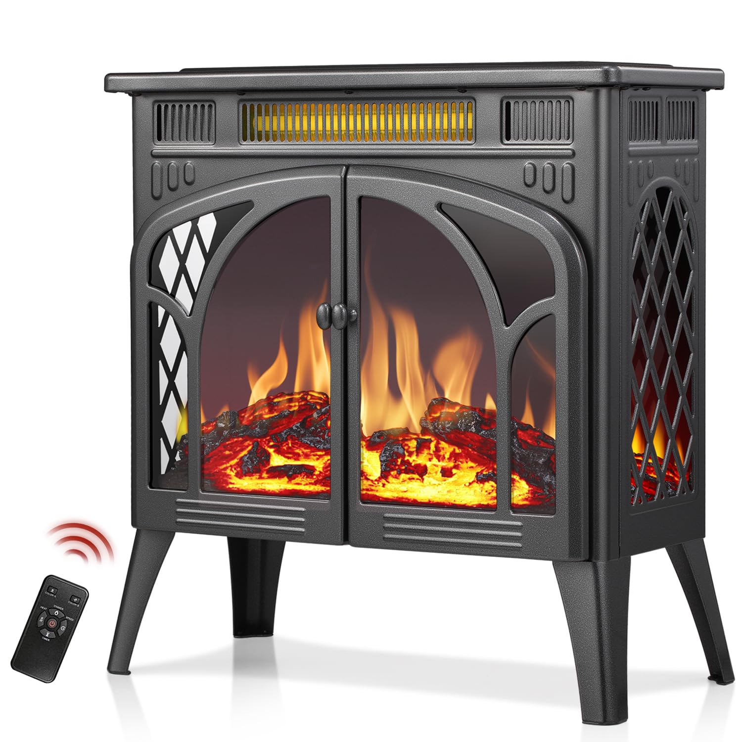 R.W.FLAME 24 Inch Freestanding Electric Fireplace Stove with Controllable 3D Flame, 4 Variable Flame and Log Colors R.W.FLAME