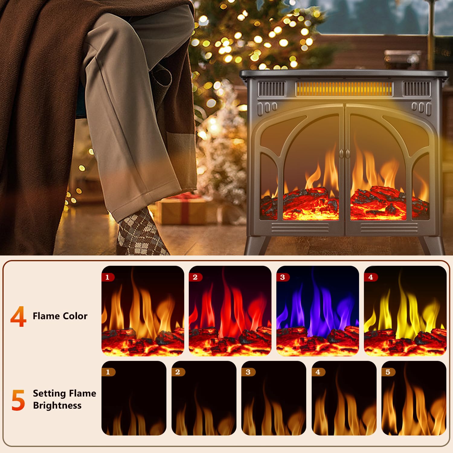 R.W.FLAME 24 Inch Freestanding Electric Fireplace Stove with Controllable 3D Flame, 4 Variable Flame and Log Colors R.W.FLAME