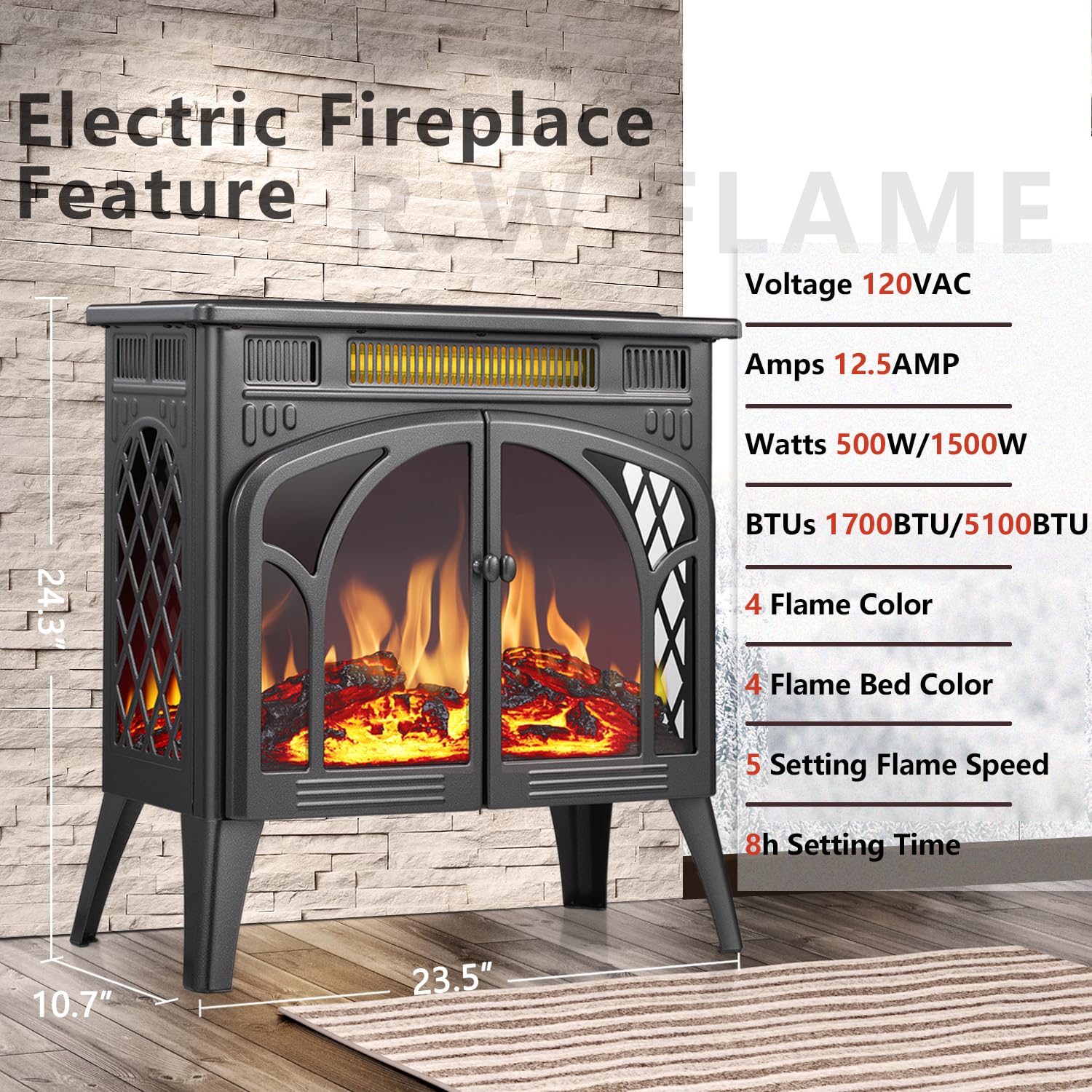 R.W.FLAME 24 Inch Freestanding Electric Fireplace Stove with Controllable 3D Flame, 4 Variable Flame and Log Colors