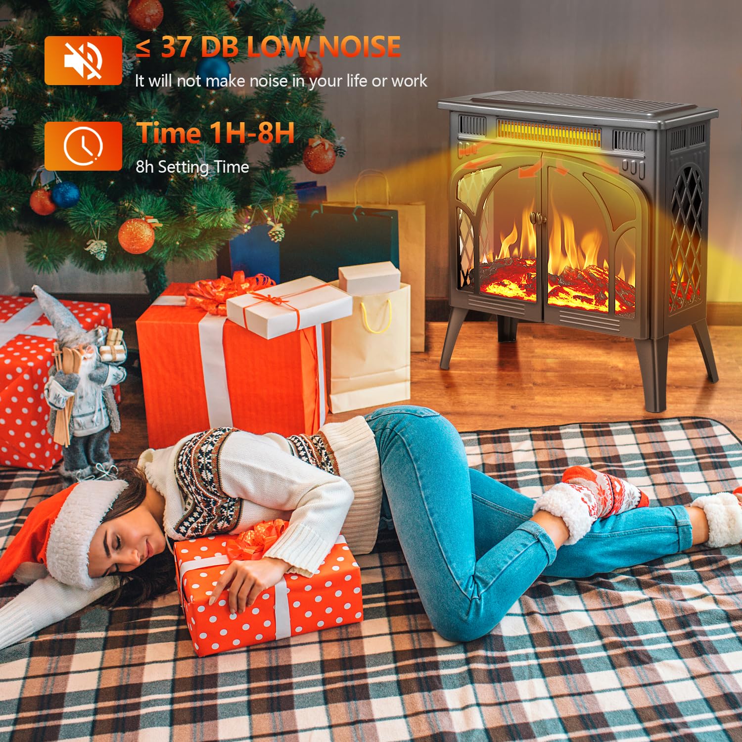 R.W.FLAME 24 Inch Freestanding Electric Fireplace Stove with Controllable 3D Flame, 4 Variable Flame and Log Colors