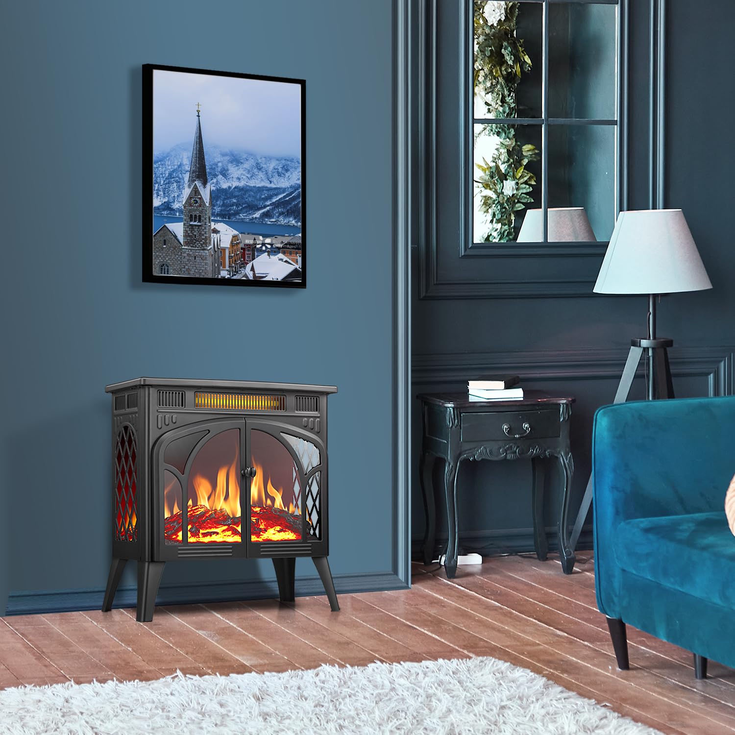 R.W.FLAME 24 Inch Freestanding Electric Fireplace Stove with Controllable 3D Flame, 4 Variable Flame and Log Colors R.W.FLAME