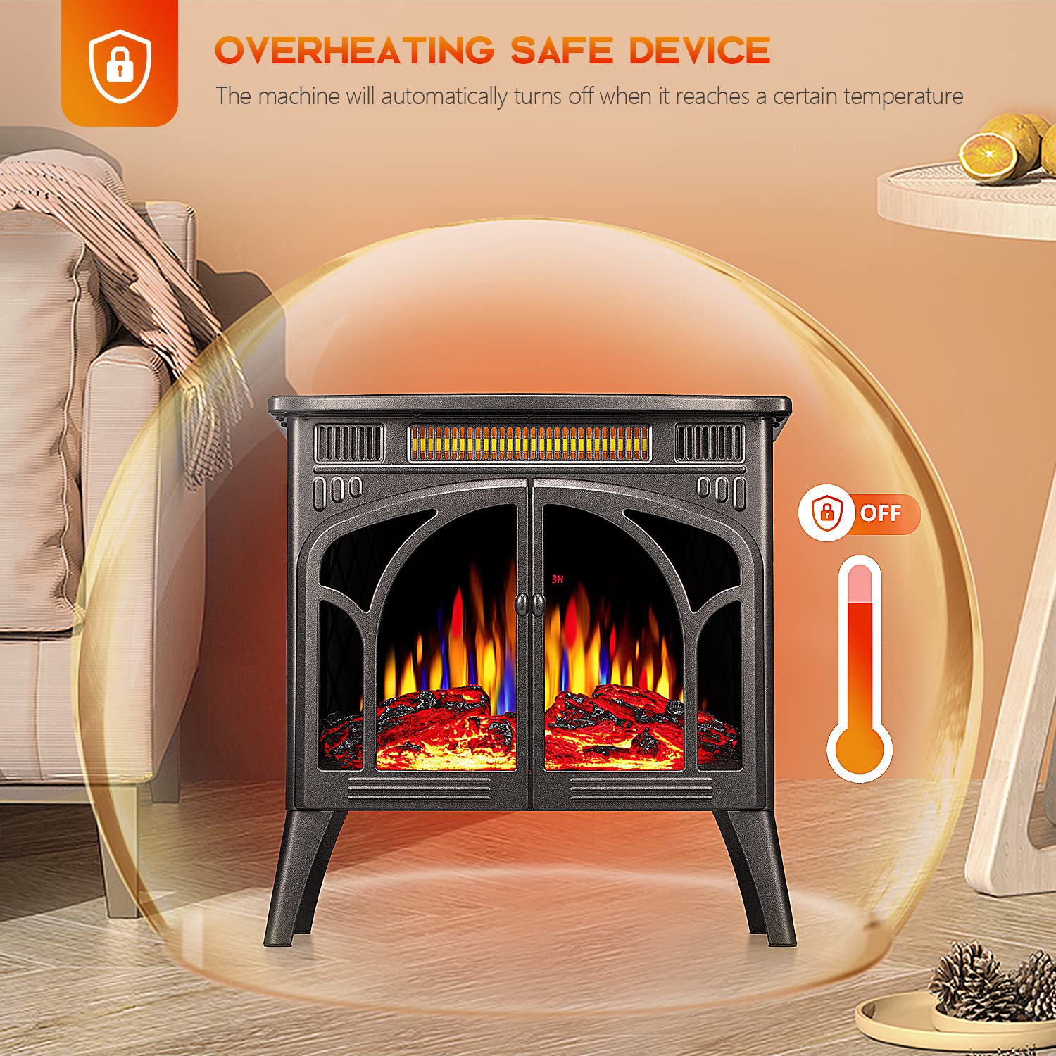 R.W.FLAME 24 Inch Freestanding Electric Fireplace Stove with Controllable 3D Flame, 4 Variable Flame and Log Colors R.W.FLAME