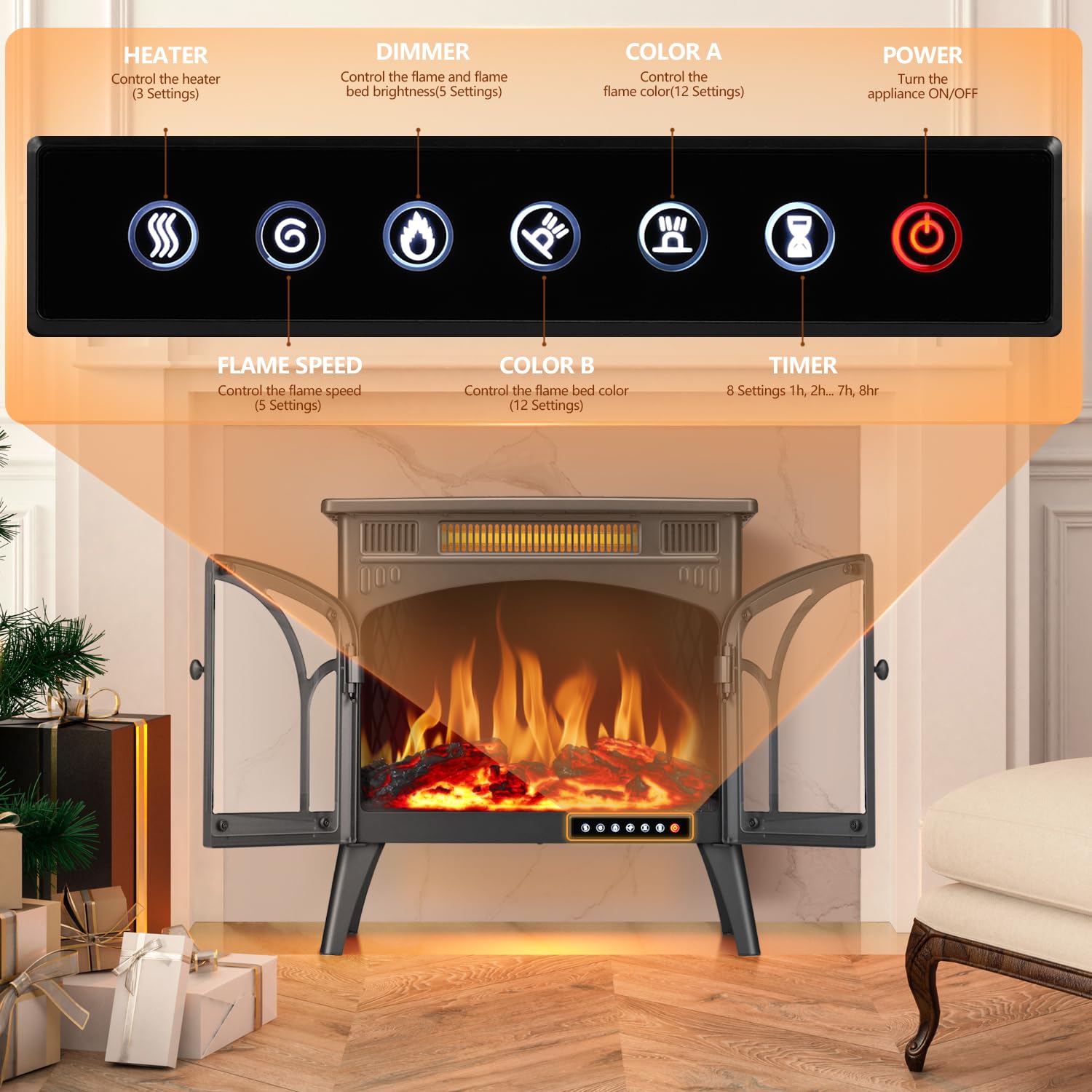 R.W.FLAME 24 Inch Freestanding Electric Fireplace Stove with Controllable 3D Flame, 4 Variable Flame and Log Colors