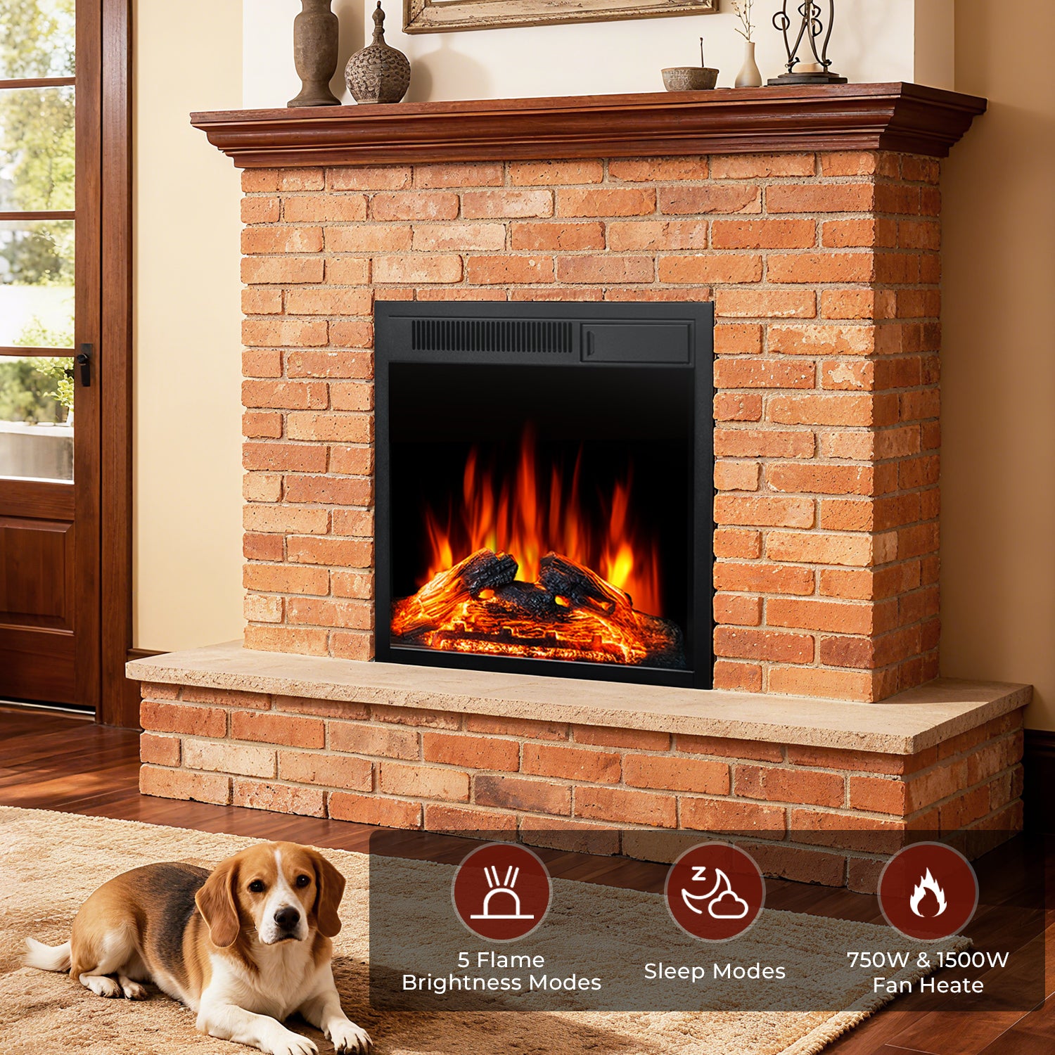 R.W.FLAME 22 Inch Electric Fireplace Insert with 5 Flame Brightness Settings and 2 Power Setting 750W/1500W