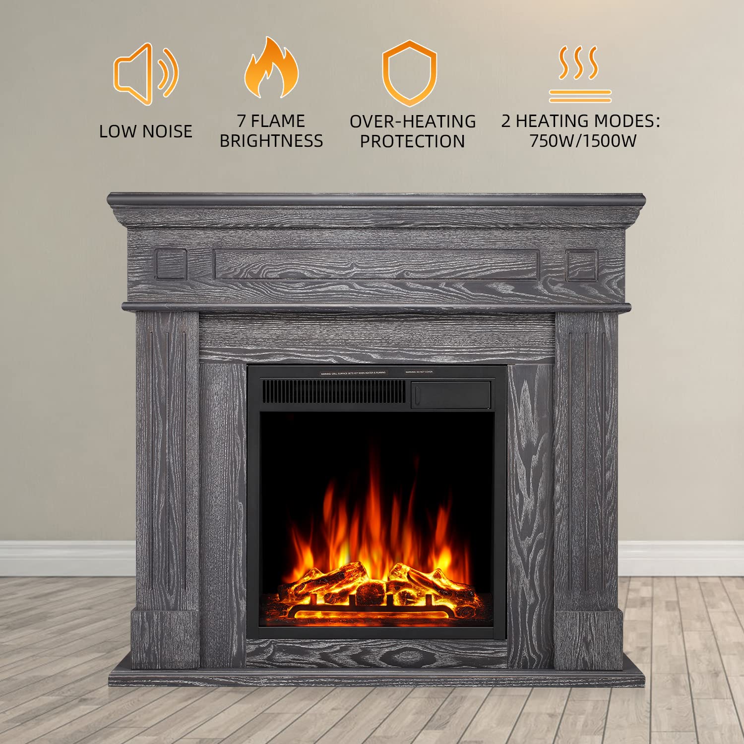 R.W.FLAME 43"Electric Fireplace Mantel Wooden Surround Firebox,750W/1500W R.W.FLAME