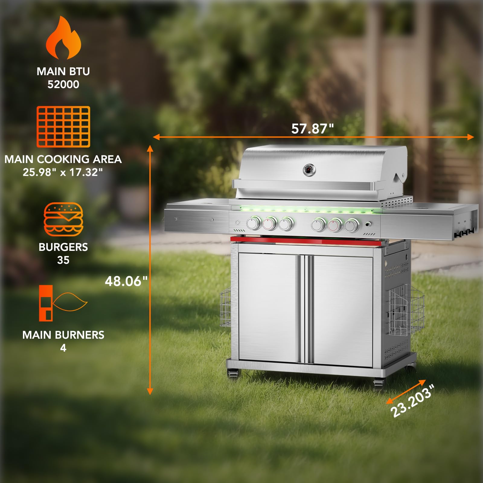6-Burner Propane Gas Grill SUS304 Stainless Steel 52000 BTU with LED Lights