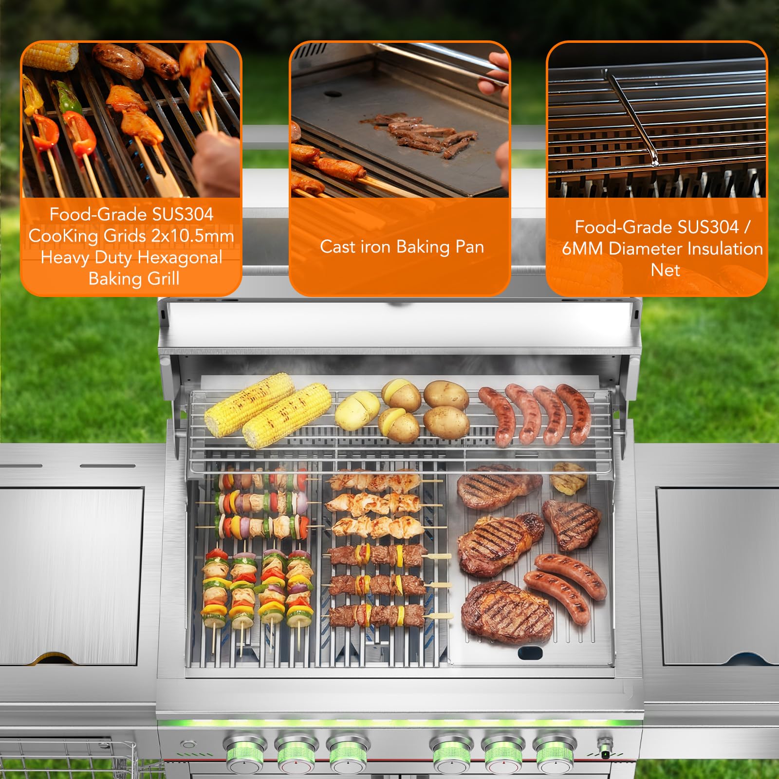 6-Burner Propane Gas Grill SUS304 Stainless Steel 52000 BTU with LED Lights