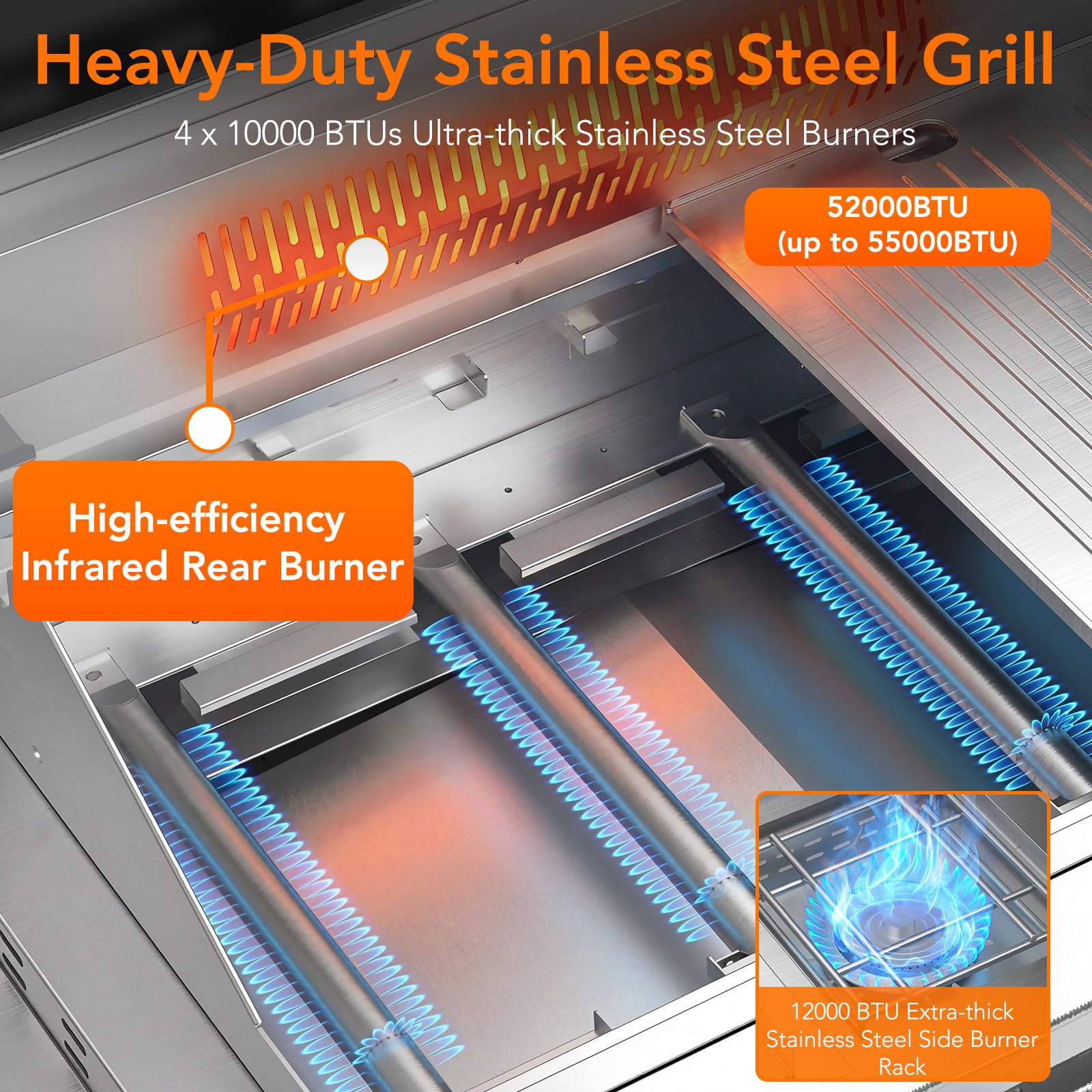 6-Burner Propane Gas Grill SUS304 Stainless Steel 52000 BTU with LED Lights