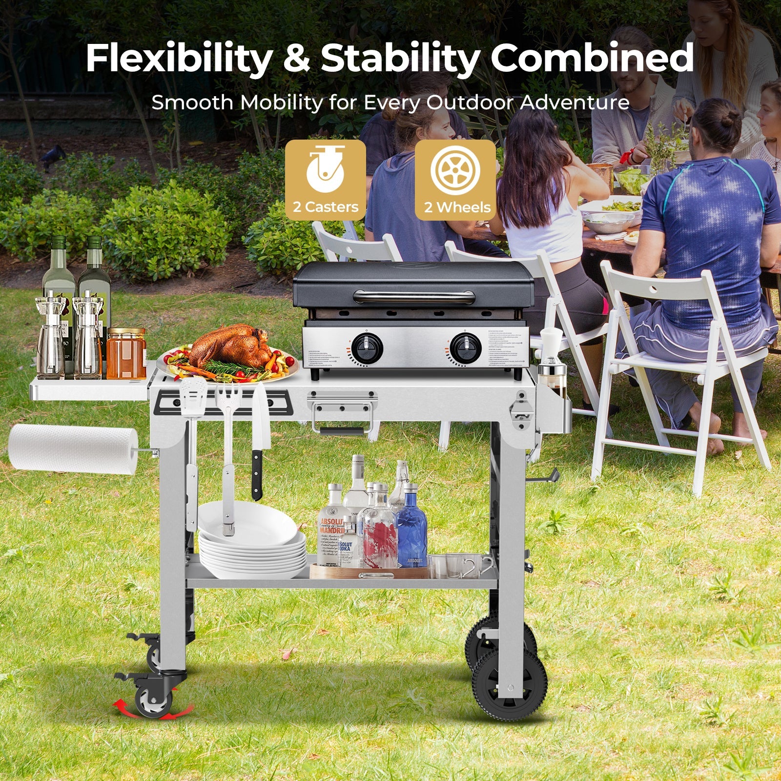 R.W.FLAME Portable Folding Stainless Steel Grill Prep Table with Wheels for Camping Tailgating R.W.FLAME