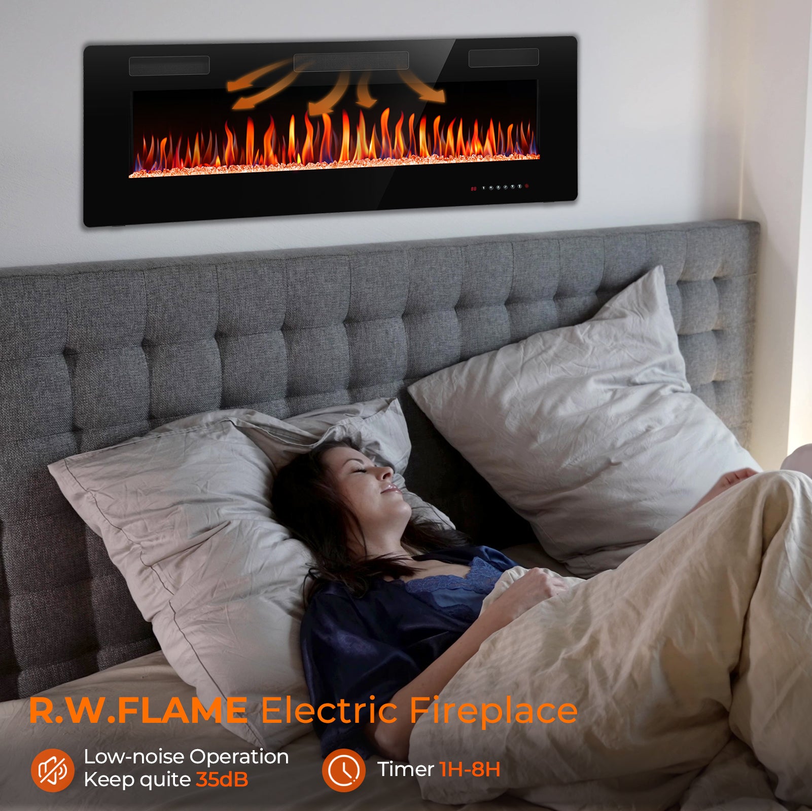 R.W.FLAME 30-68 Inch Recessed and Wall Mounted Electric Fireplace with Remote Control Adjustable Flame Color and Speed, 750-1500W