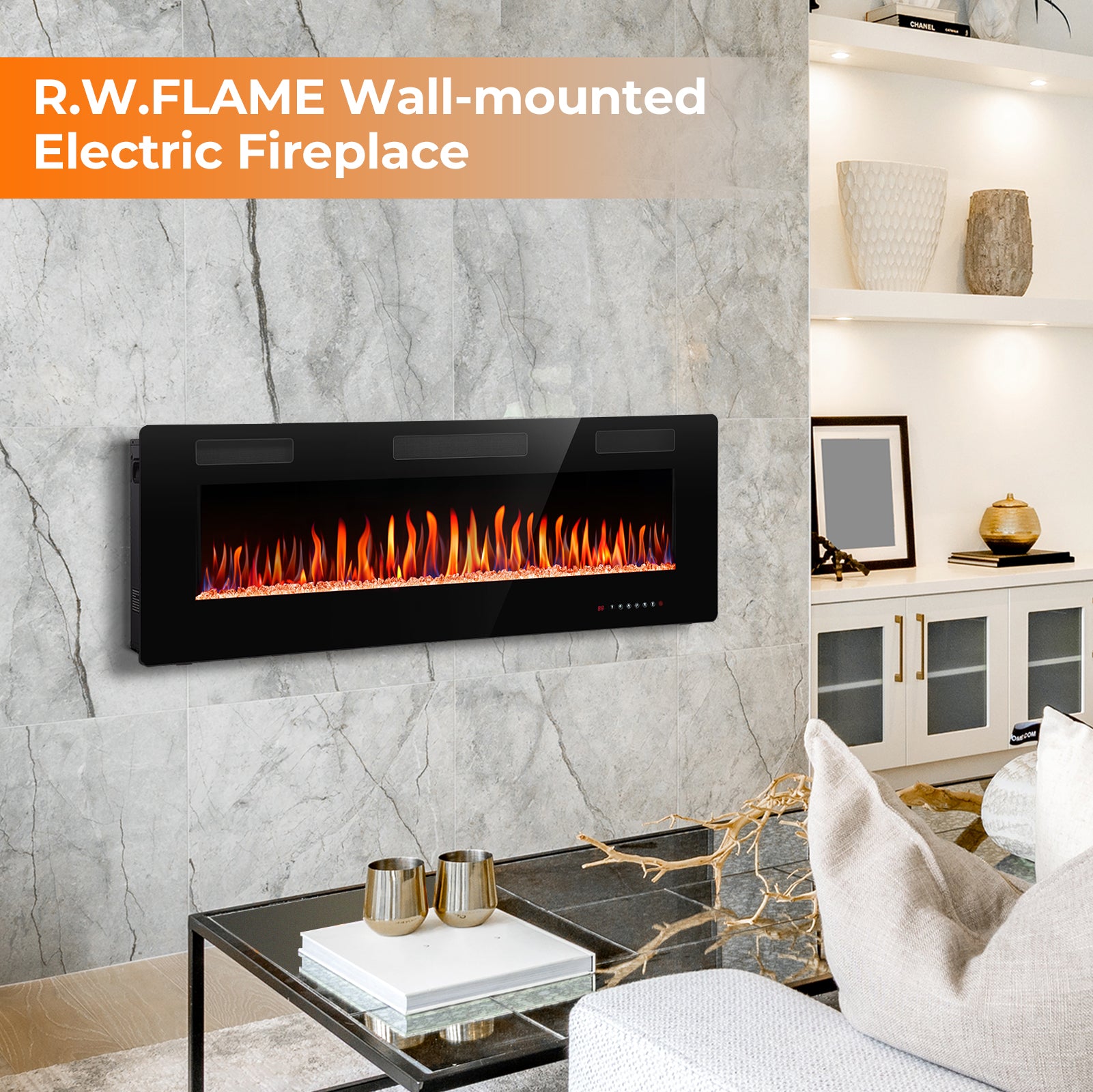 R.W.FLAME 30-68 Inch Recessed and Wall Mounted Electric Fireplace with Remote Control Adjustable Flame Color and Speed, 750-1500W