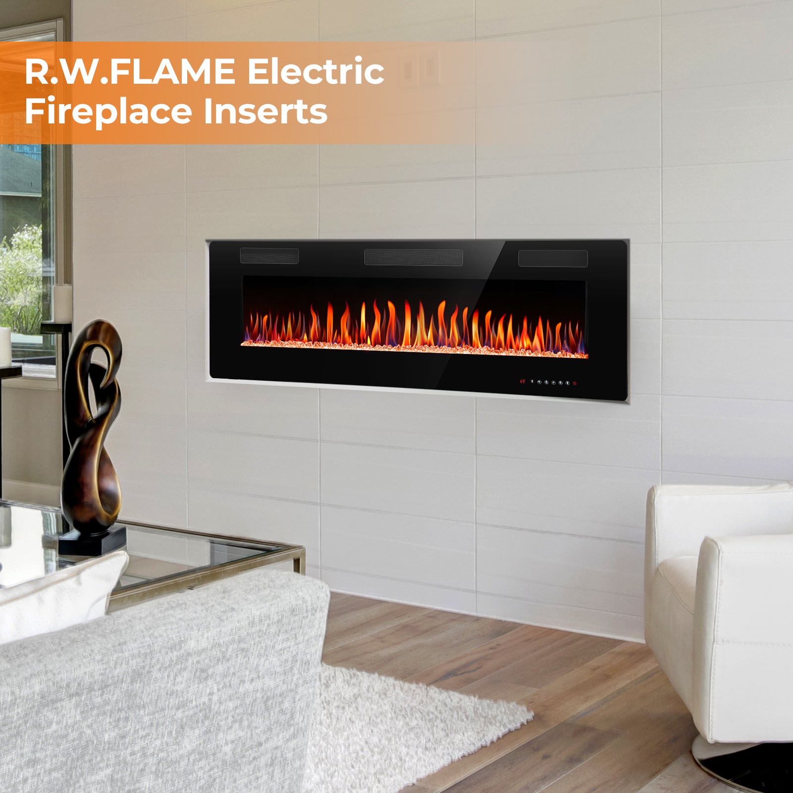 R.W.FLAME 30-68 Inch Recessed and Wall Mounted Electric Fireplace with Remote Control Adjustable Flame Color and Speed, 750-1500W
