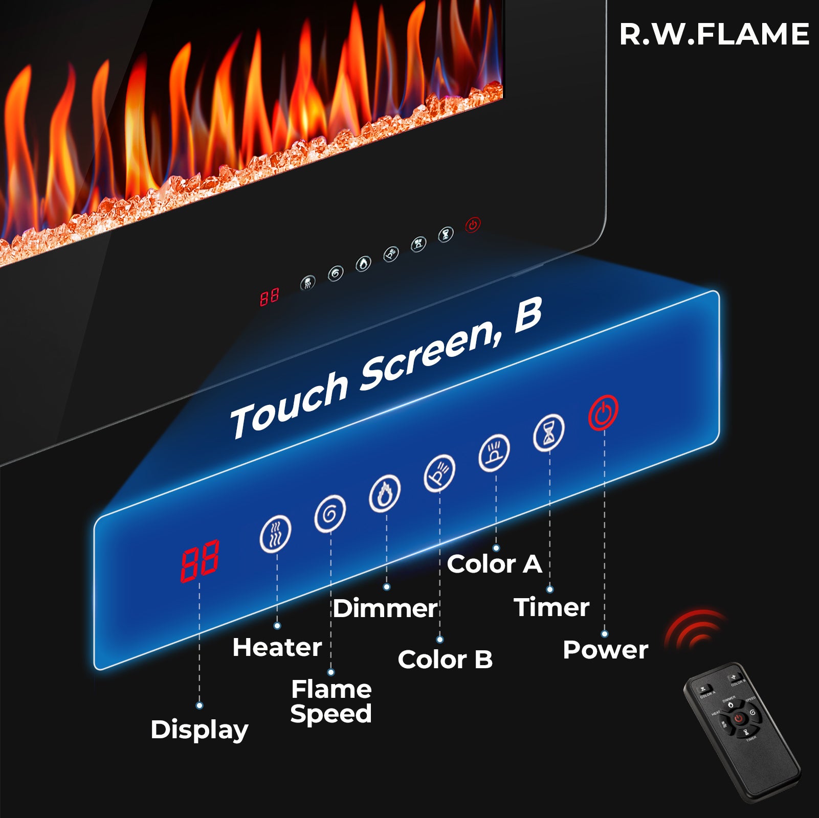 R.W.FLAME 30-68 Inch Recessed and Wall Mounted Electric Fireplace with Remote Control Adjustable Flame Color and Speed, 750-1500W
