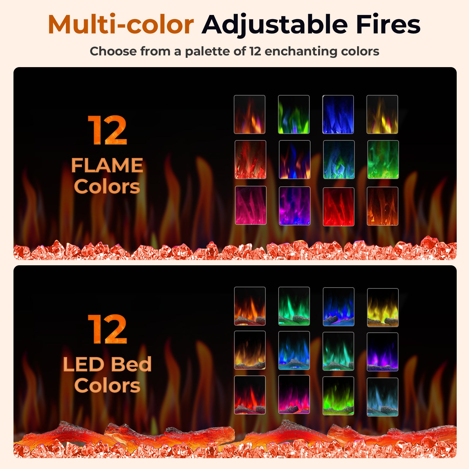 R.W.FLAME 30-68 Inch Recessed and Wall Mounted Electric Fireplace with Remote Control Adjustable Flame Color and Speed, 750-1500W