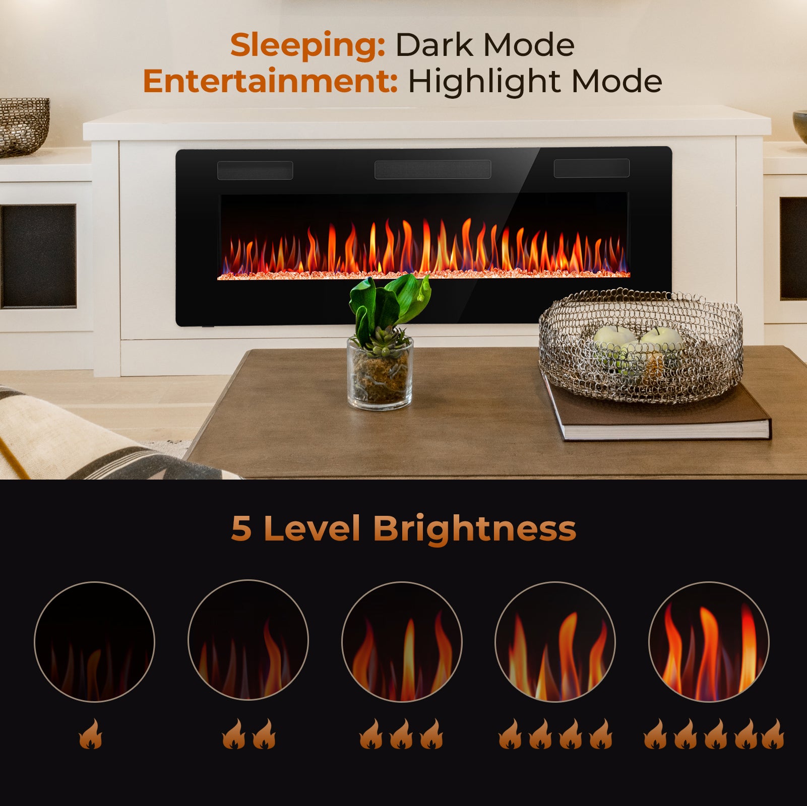 R.W.FLAME 30-68 Inch Recessed and Wall Mounted Electric Fireplace with Remote Control Adjustable Flame Color and Speed, 750-1500W