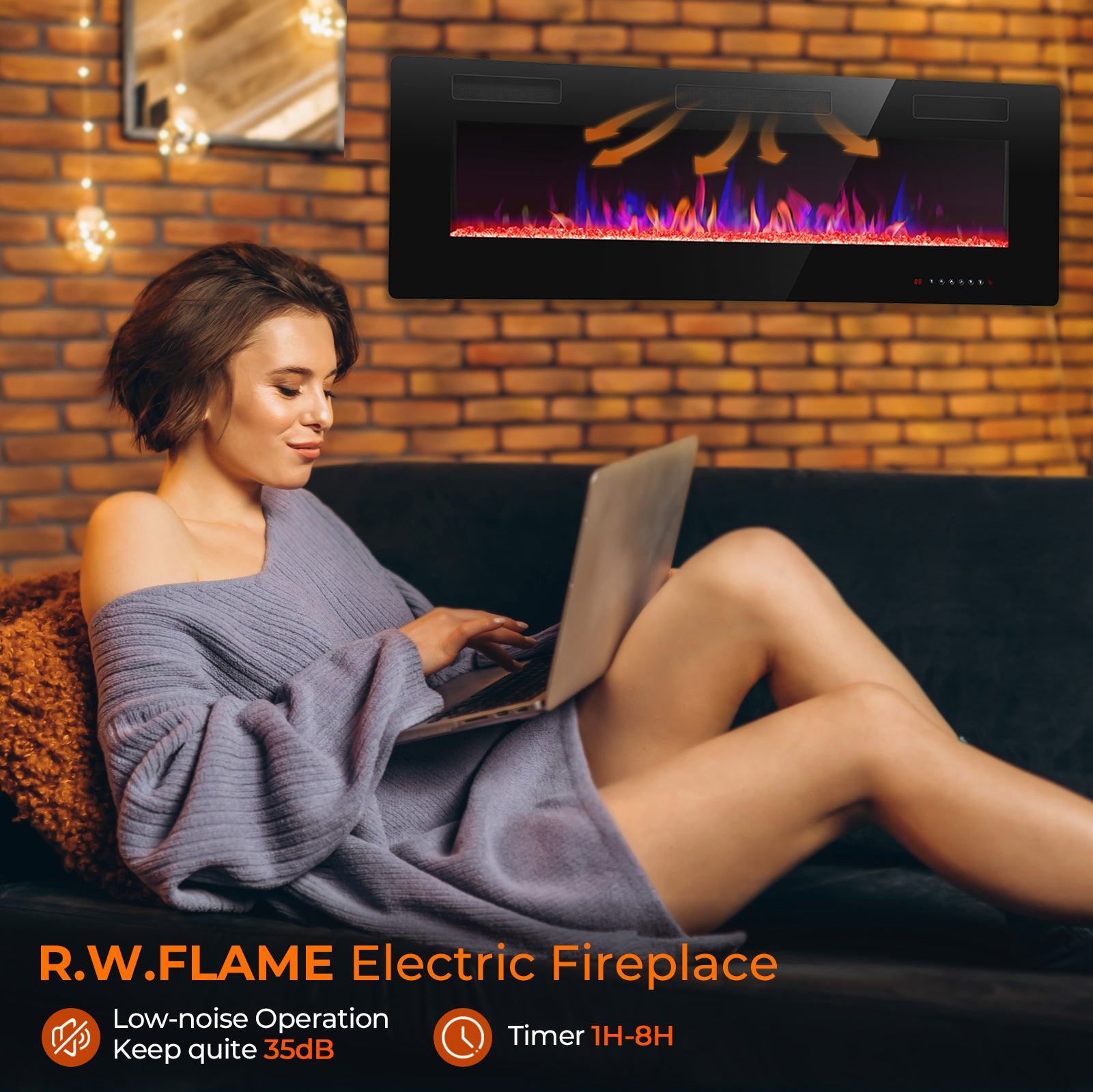 R.W.FLAME 30-68 Inch Recessed and Wall Mounted Electric Fireplace with Remote Control Adjustable Flame Color and Speed, 750-1500W