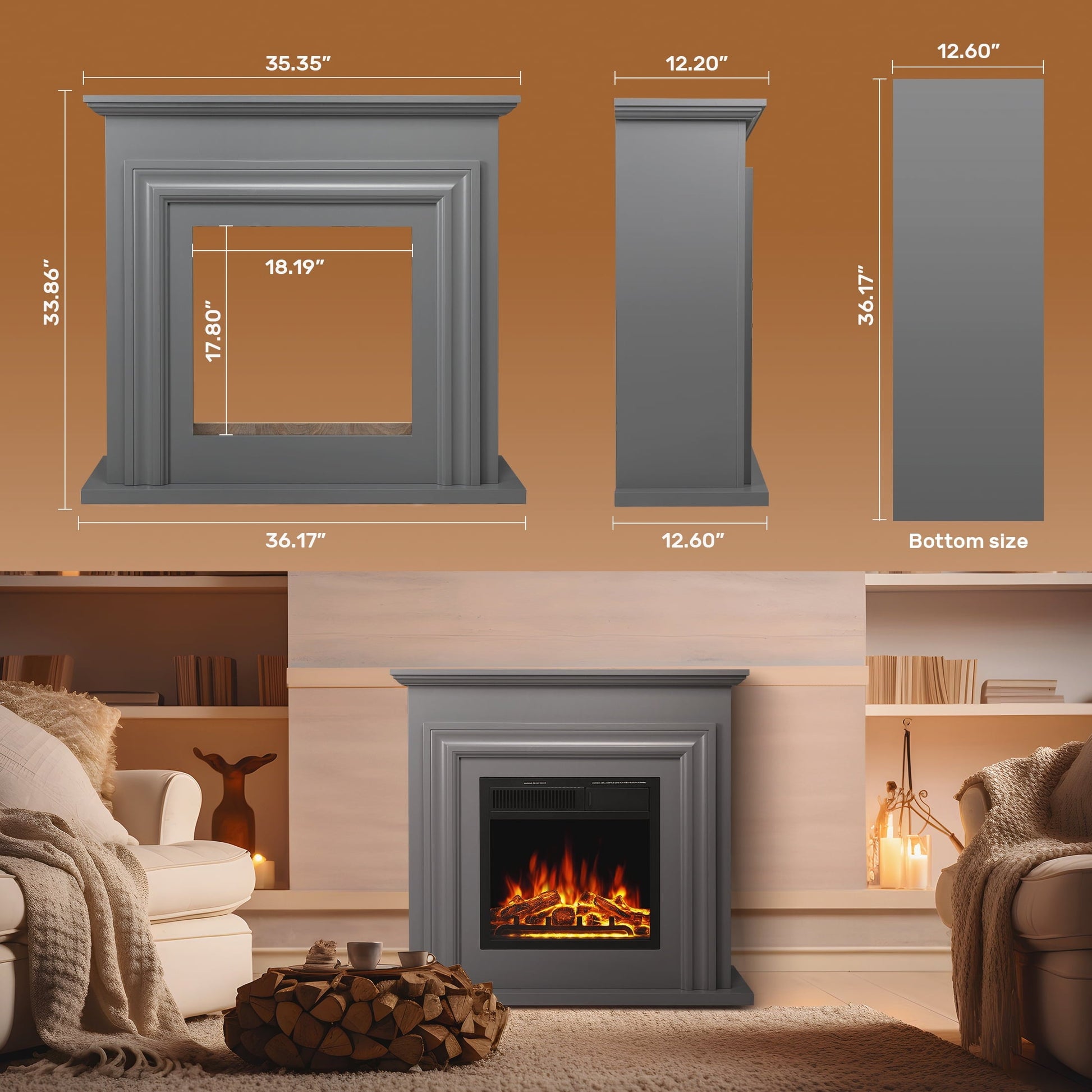 R.W.FLAME 36'' Electric Fireplace with Mantel Package, 750-1500W, Gray R.W.FLAME
