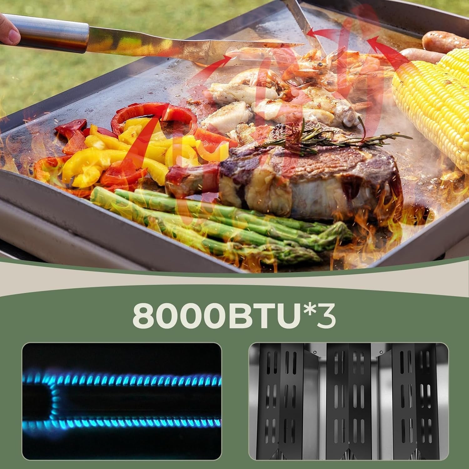 R.W.FLAME 3-Burner 24,000 BTU Tabletop Propane Gas Grill Stainless Steel Portable Outdoor Griddle R.W.FLAME