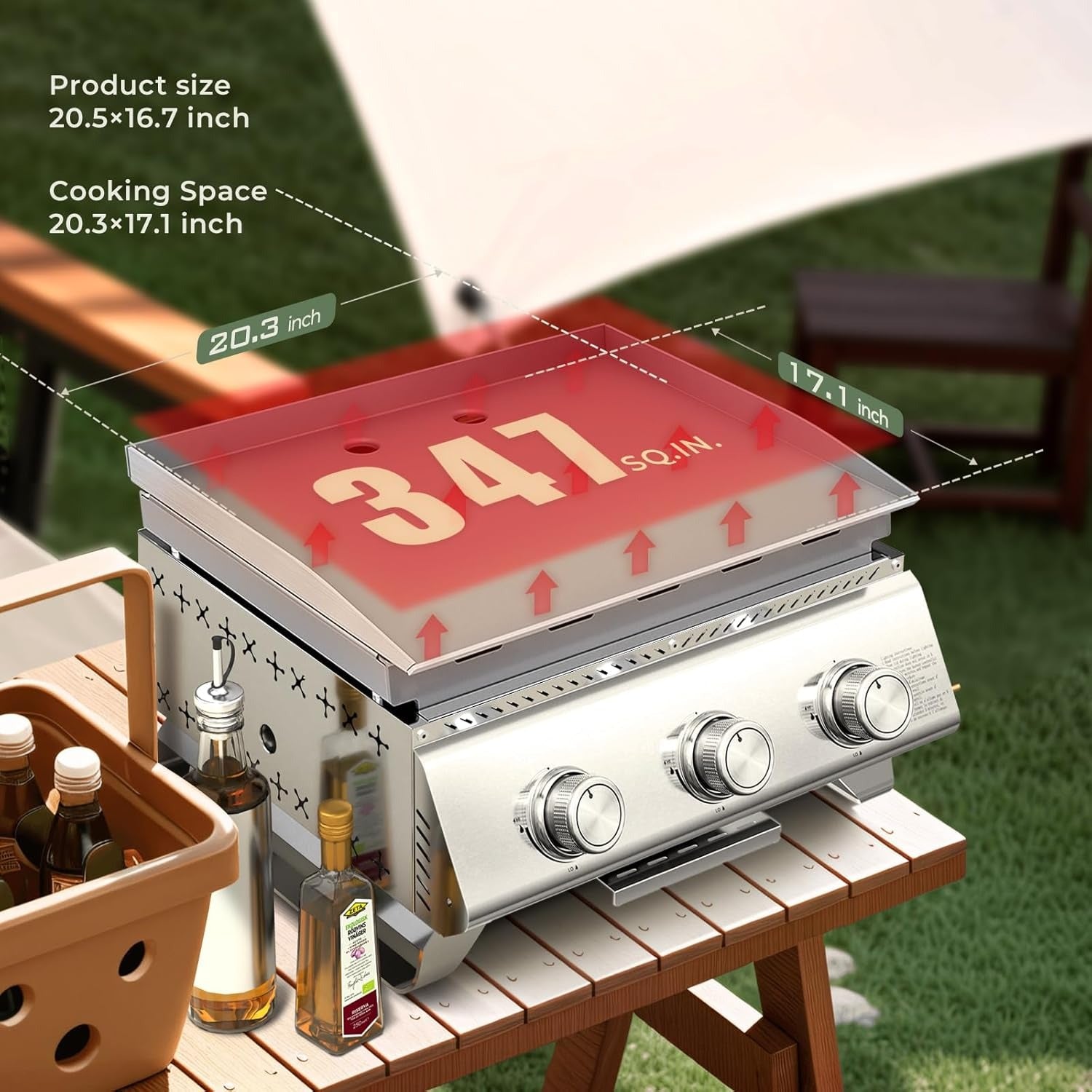 R.W.FLAME 3-Burner 24,000 BTU Tabletop Propane Gas Grill Stainless Steel Portable Outdoor Griddle R.W.FLAME