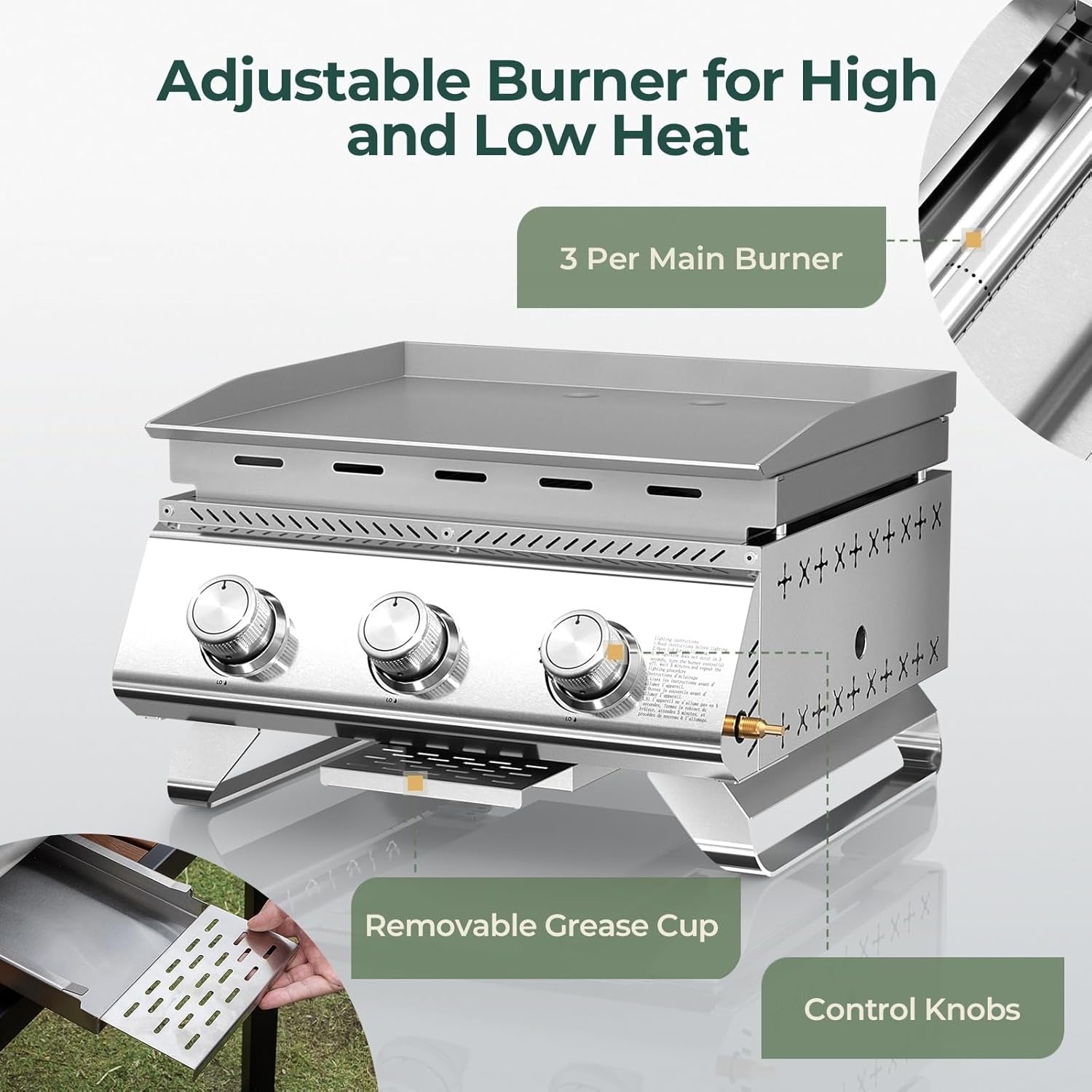 R.W.FLAME 3-Burner 24,000 BTU Tabletop Propane Gas Grill Stainless Steel Portable Outdoor Griddle R.W.FLAME